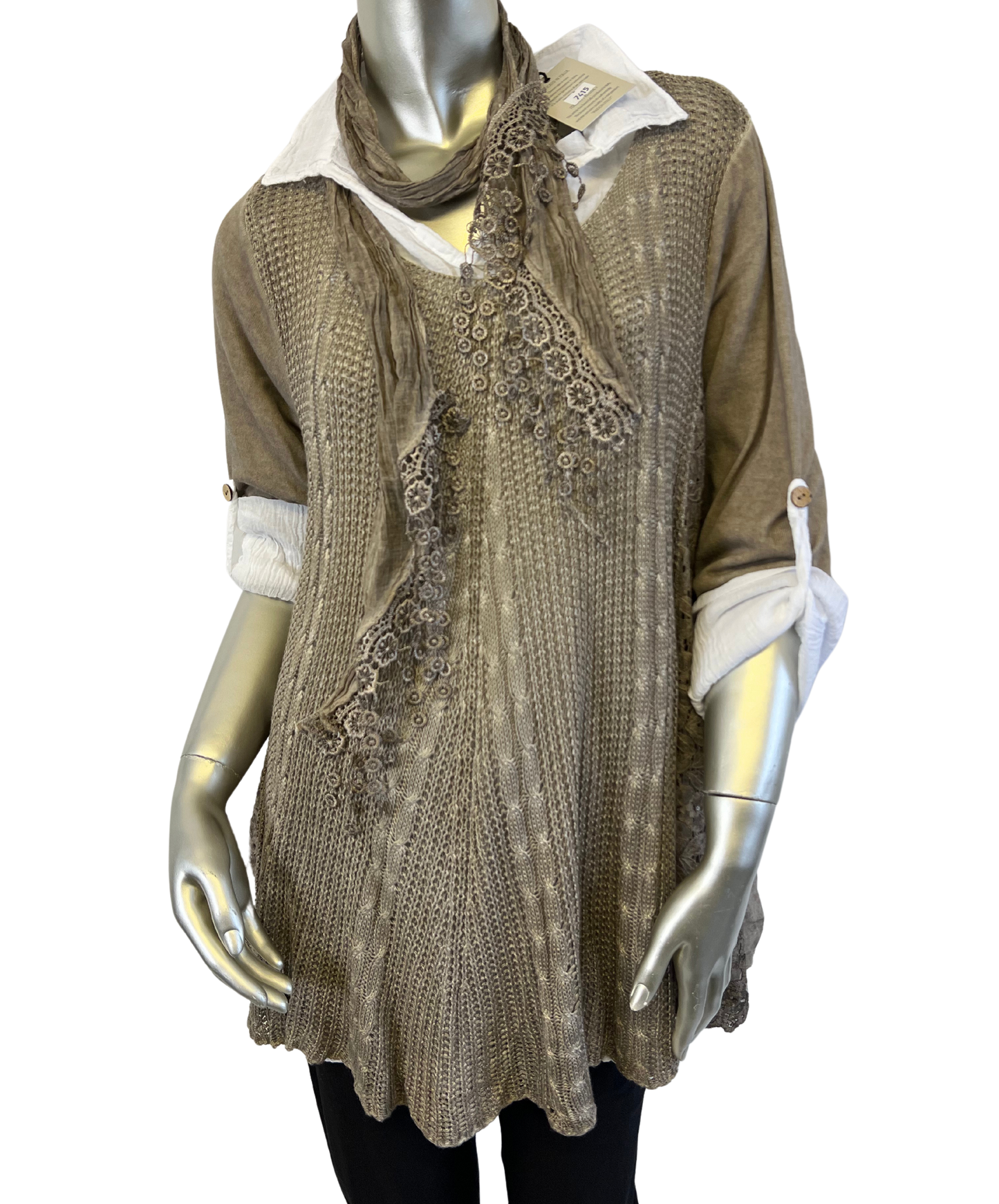 3 Piece Cotton Shirt with Knitted Overtop Tunic and Scarf in Mocha