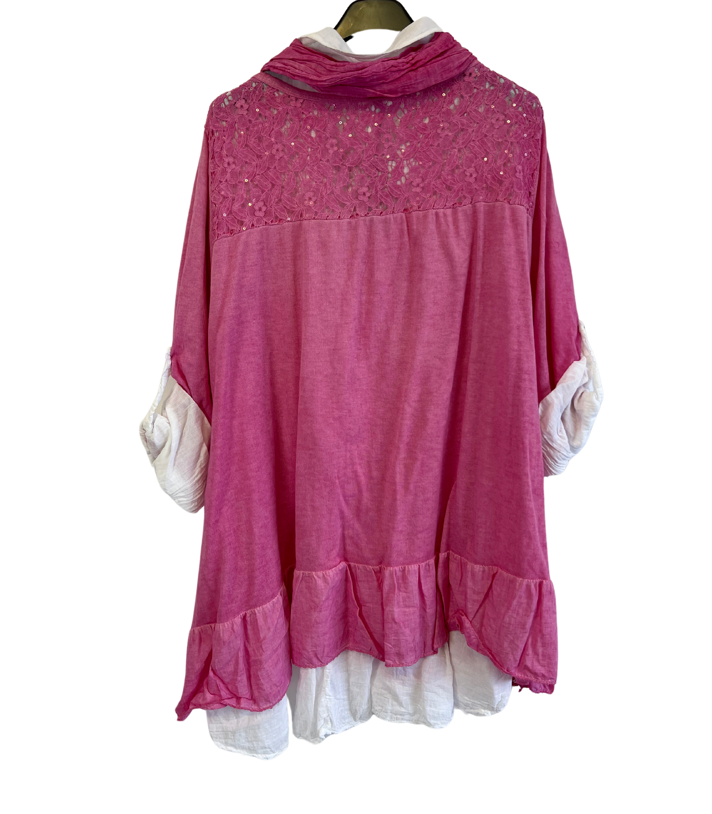 3 Piece Cotton Shirt with Knitted Overtop Tunic and Scarf in Fuchsia