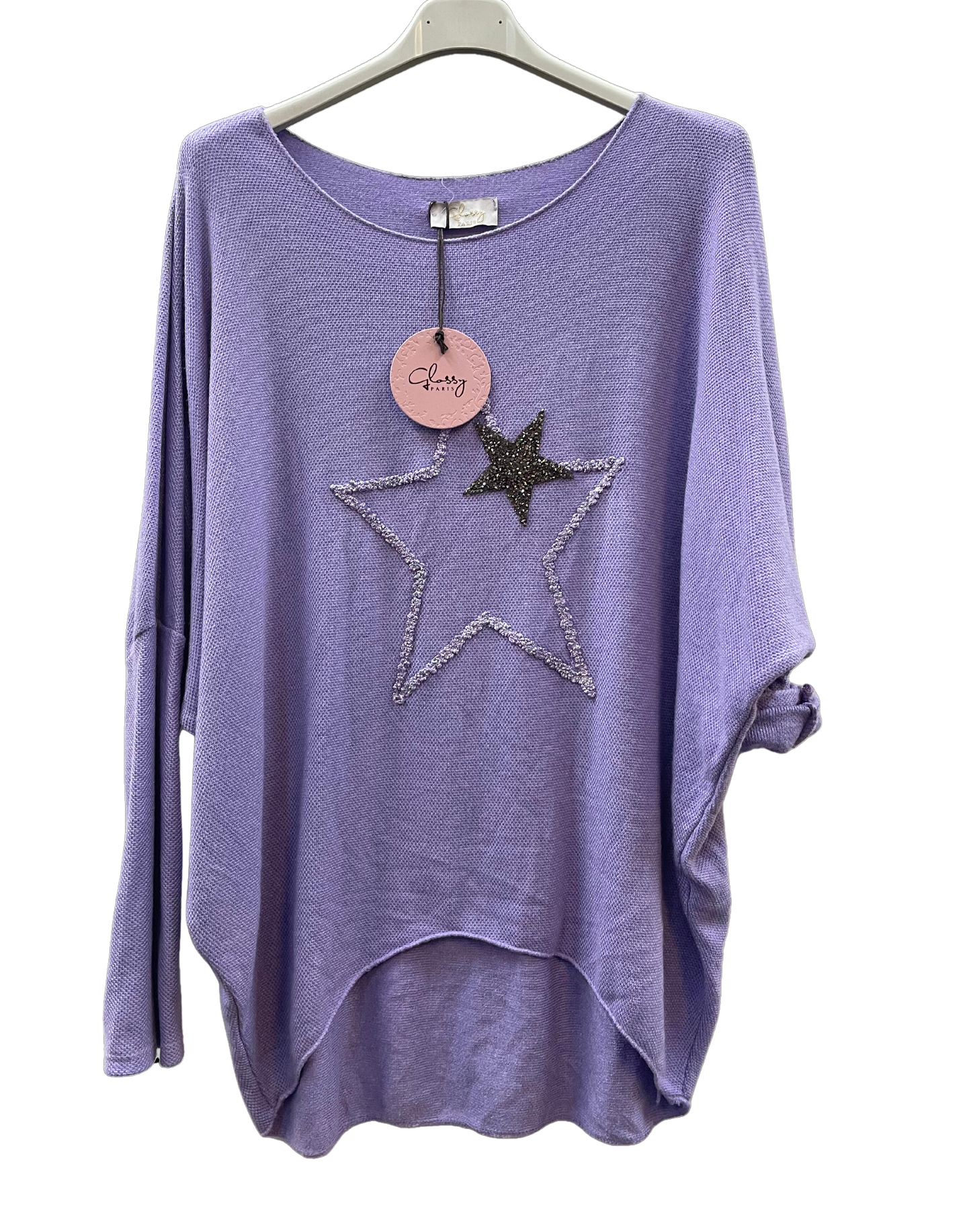 Soft Knit Curved Hem Sparkle Star Design Jumper Top in Lilac