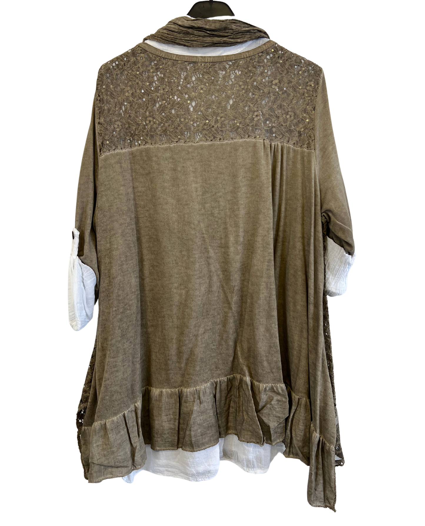 3 Piece Cotton Shirt with Knitted Overtop Tunic and Scarf in Mocha