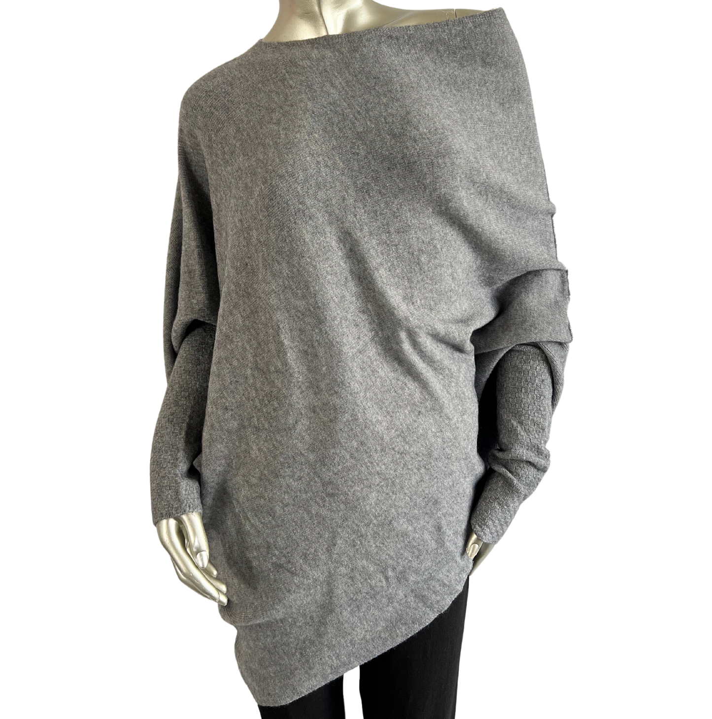 Asymmetric Draped Slouch Neck Soft Jumper with Long Fitted Sleeves in Grey
