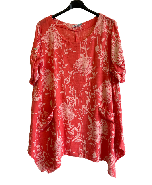 Lightweight Oversized 2 Pocket Floral Cotton & Linen Top in Coral
