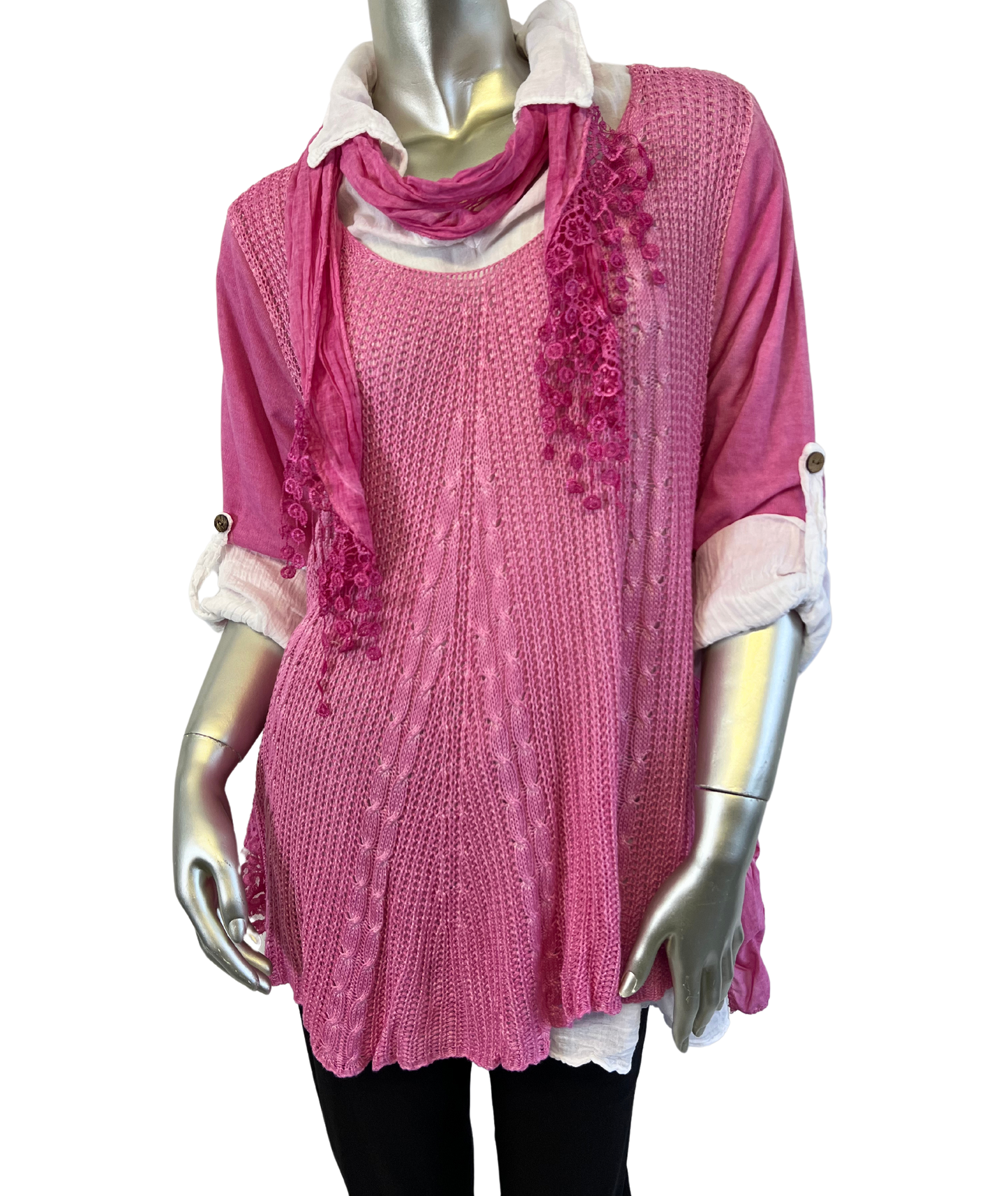 3 Piece Cotton Shirt with Knitted Overtop Tunic and Scarf in Fuchsia