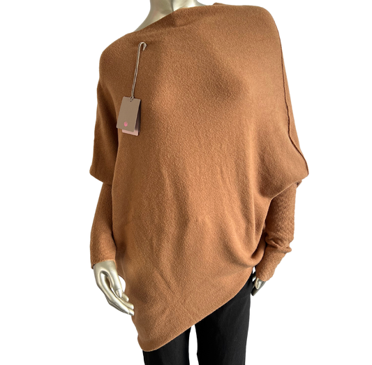 Asymmetric Draped Slouch Neck Soft Jumper with Long Fitted Sleeves in Camel