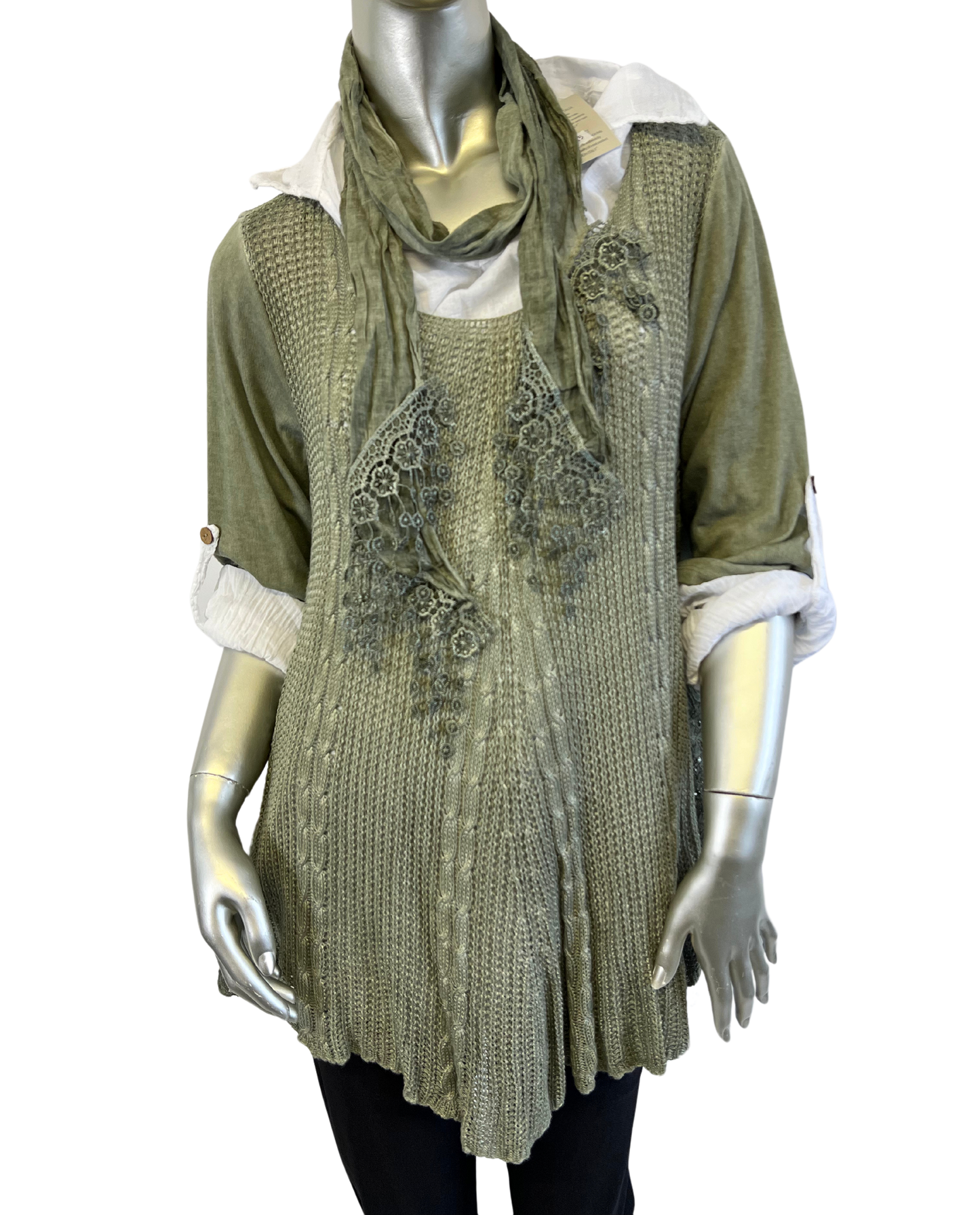 3 Piece Cotton Shirt with Knitted Overtop Tunic and Scarf in Khaki