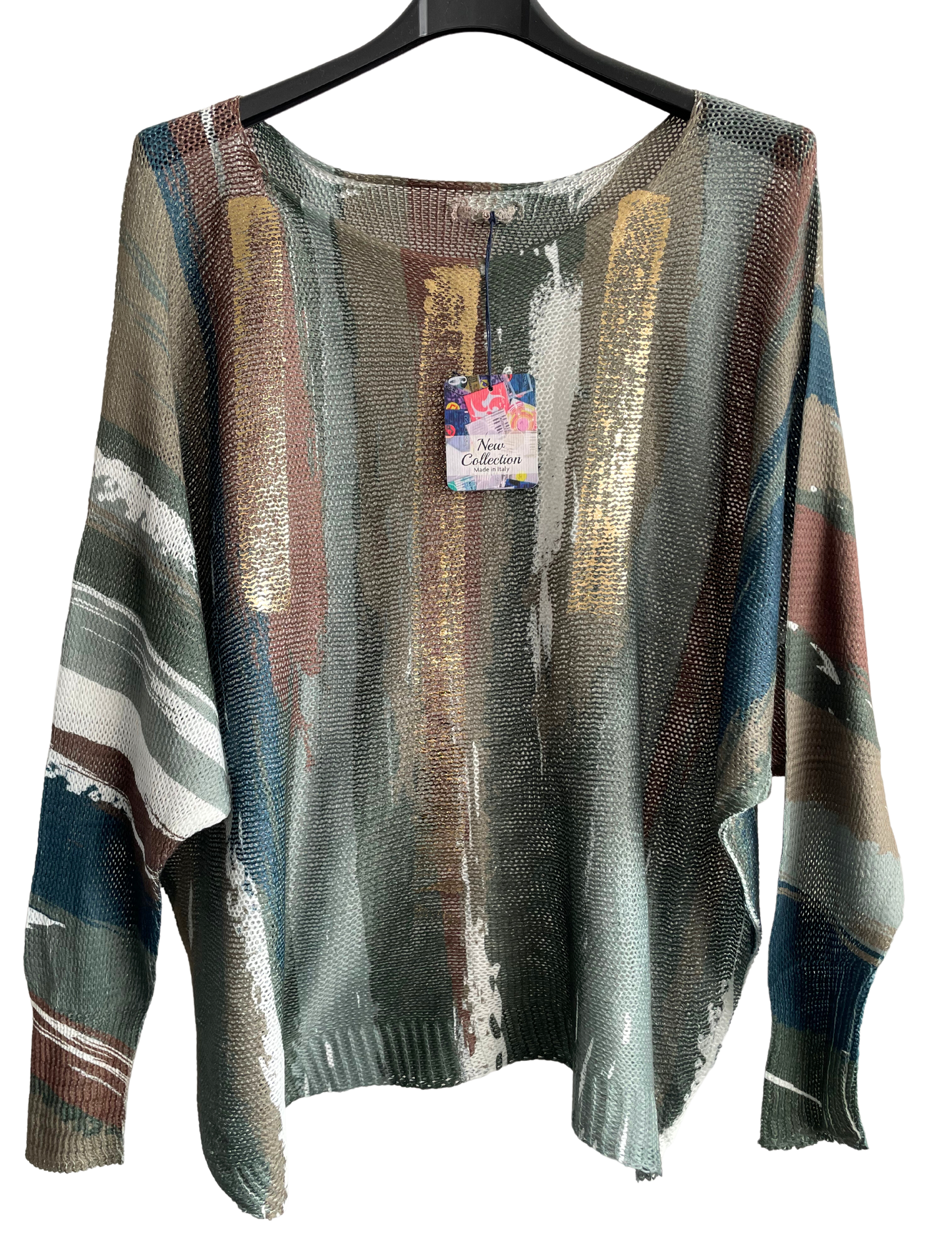 Foil Paint Splash Design Fine Knit Batwing Autumn Jumper in Khaki