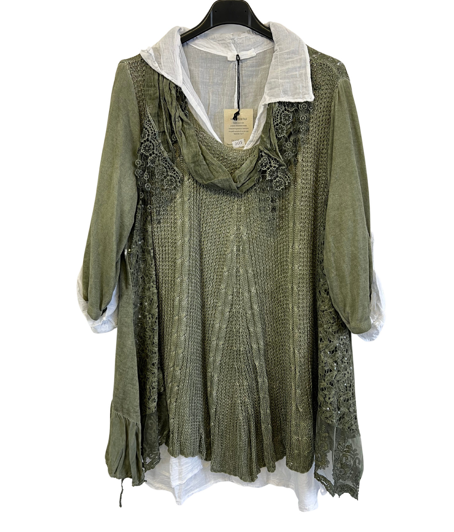3 Piece Cotton Shirt with Knitted Overtop Tunic and Scarf in Khaki