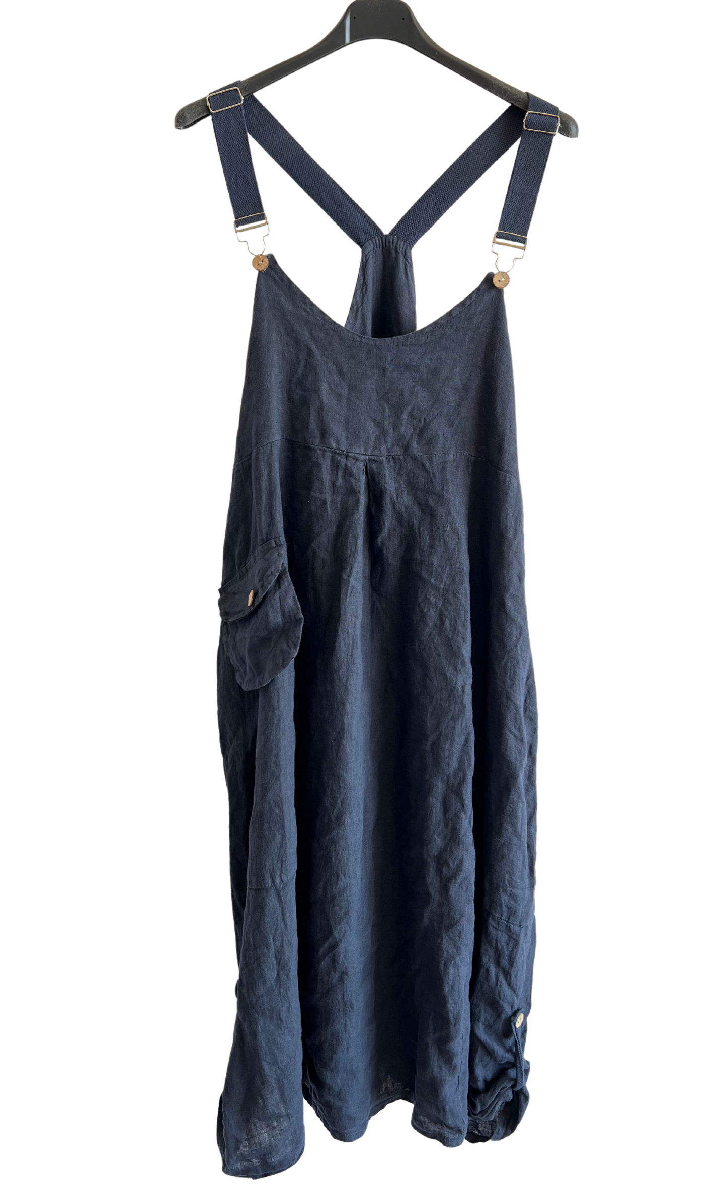 Ladies Casual Italian Summer Linen Dungaree Style Dresses with Button Detailed Hem