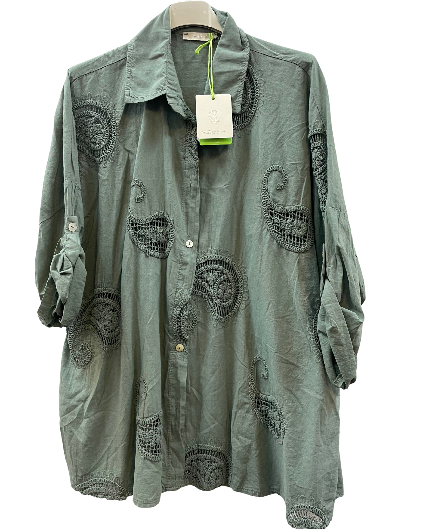 Paisley Design Cotton Shirt with Turn Up Sleeves in Khaki