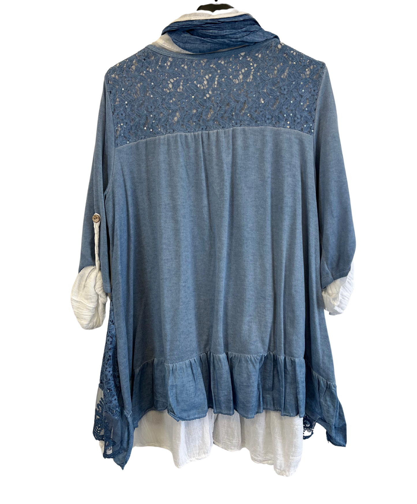 3 Piece Cotton Shirt with Knitted Overtop Tunic and Scarf in Denim