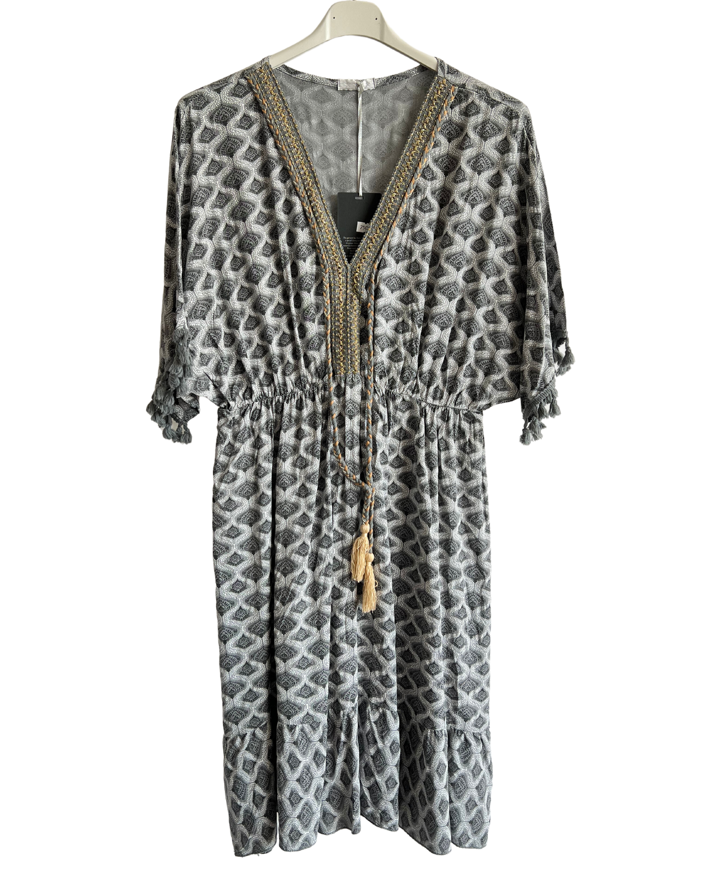 Summer Lightweight Tassel Tie Dye Mid Length Dress In Grey