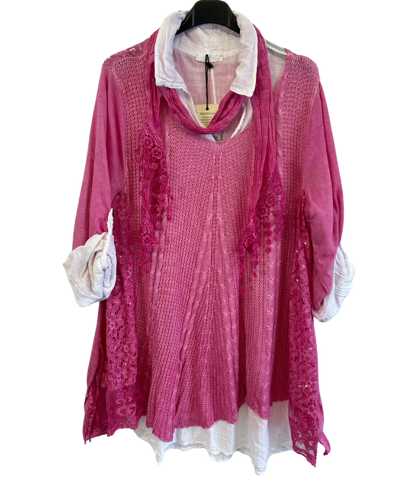 3 Piece Cotton Shirt with Knitted Overtop Tunic and Scarf in Fuchsia