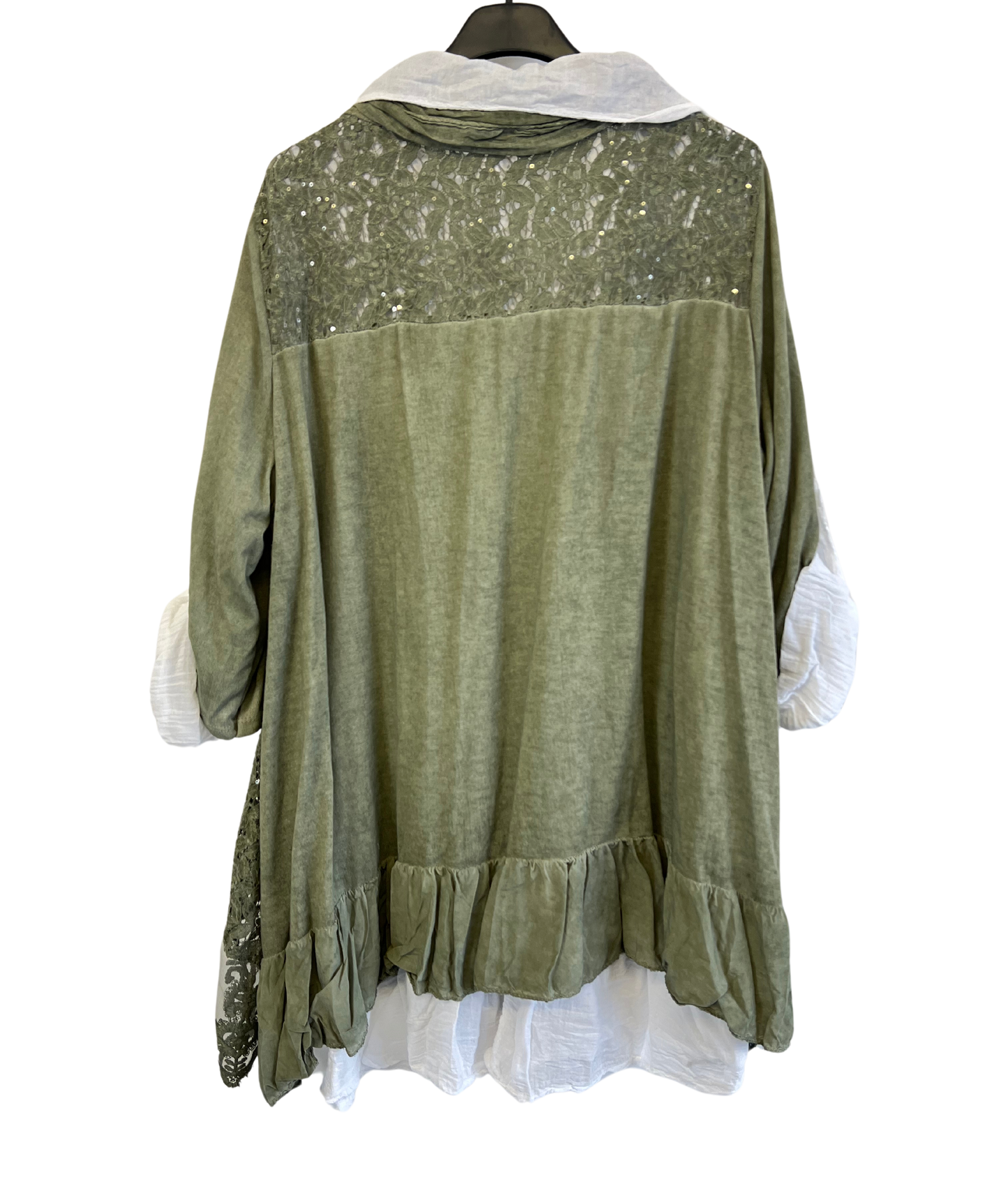3 Piece Cotton Shirt with Knitted Overtop Tunic and Scarf in Khaki