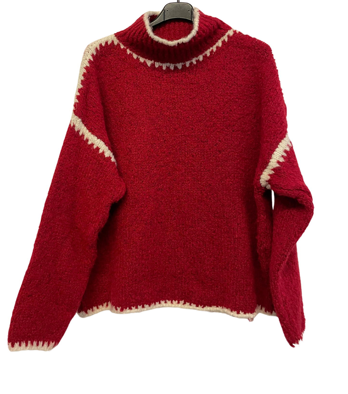 Soft Knitted Italian High Neck Jumper with Blanket Stitch Edging in Red