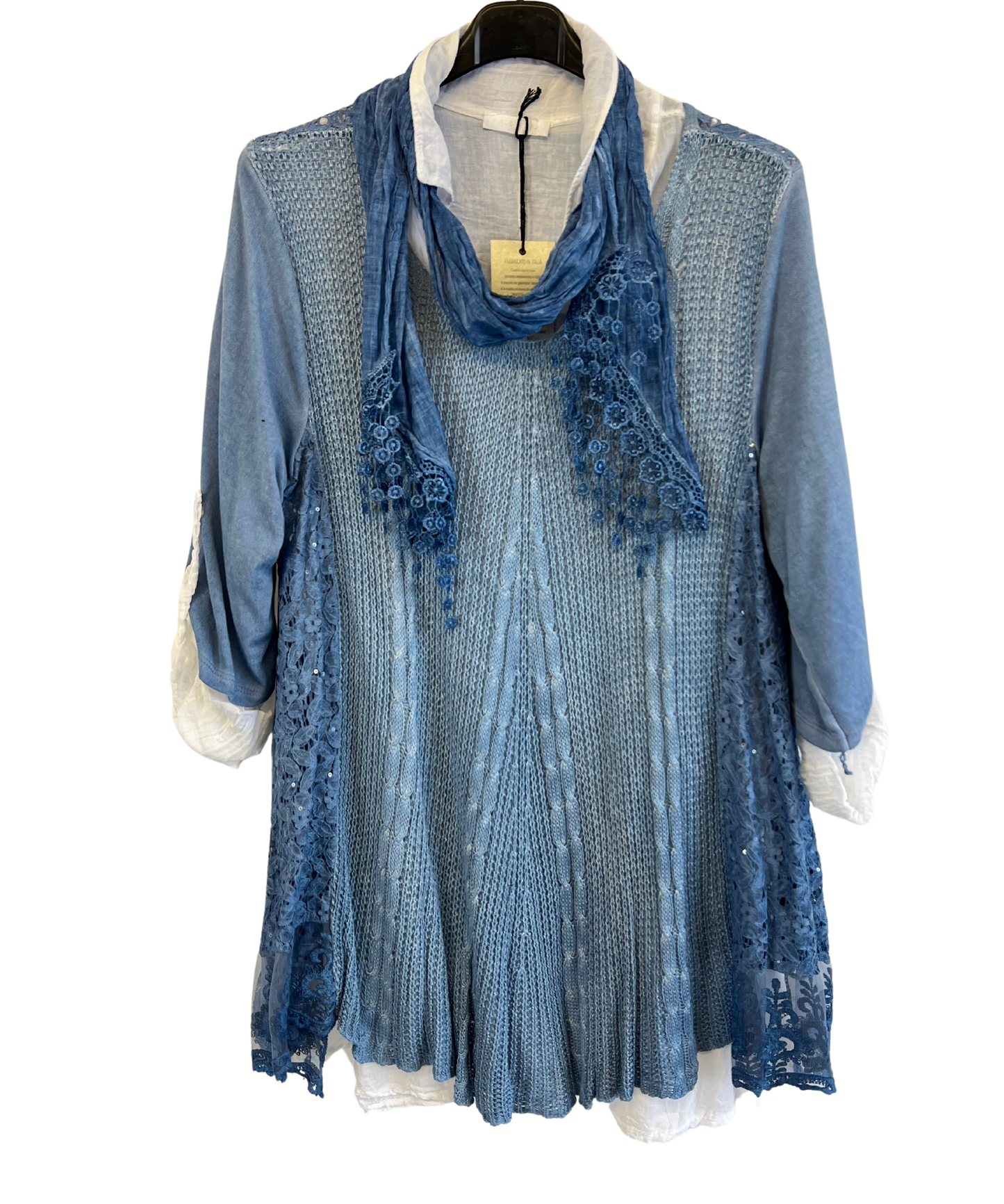 3 Piece Cotton Shirt with Knitted Overtop Tunic and Scarf in Denim