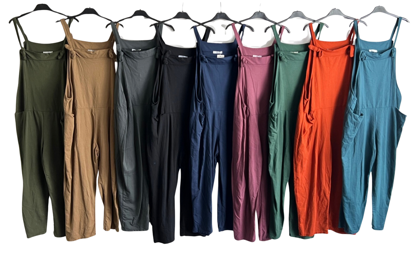Brand New Ladies Italian Lagenlook Plain Jersey Casual 2 Pocket Dungarees