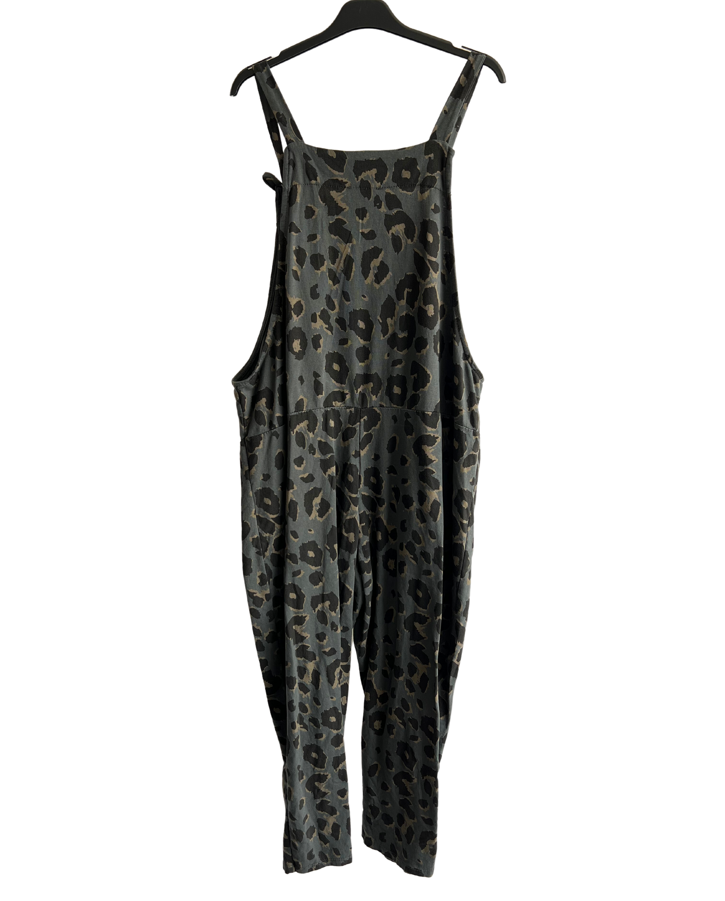 2 Pocket Animal Leopard Print Summer Dungarees In Charcoal