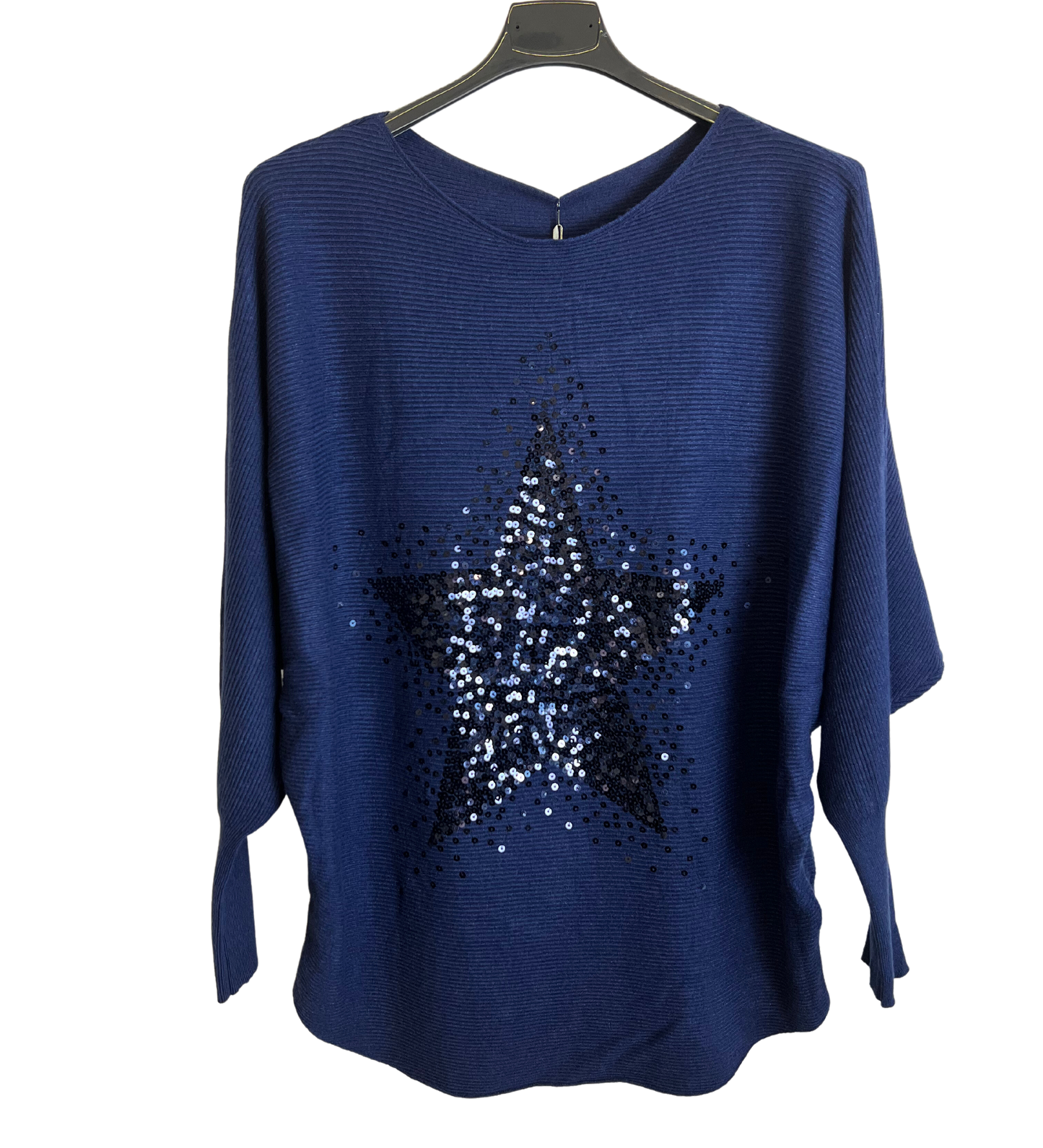 Sequin Star Batwing Sleeve Fine Knit Jumper in Navy