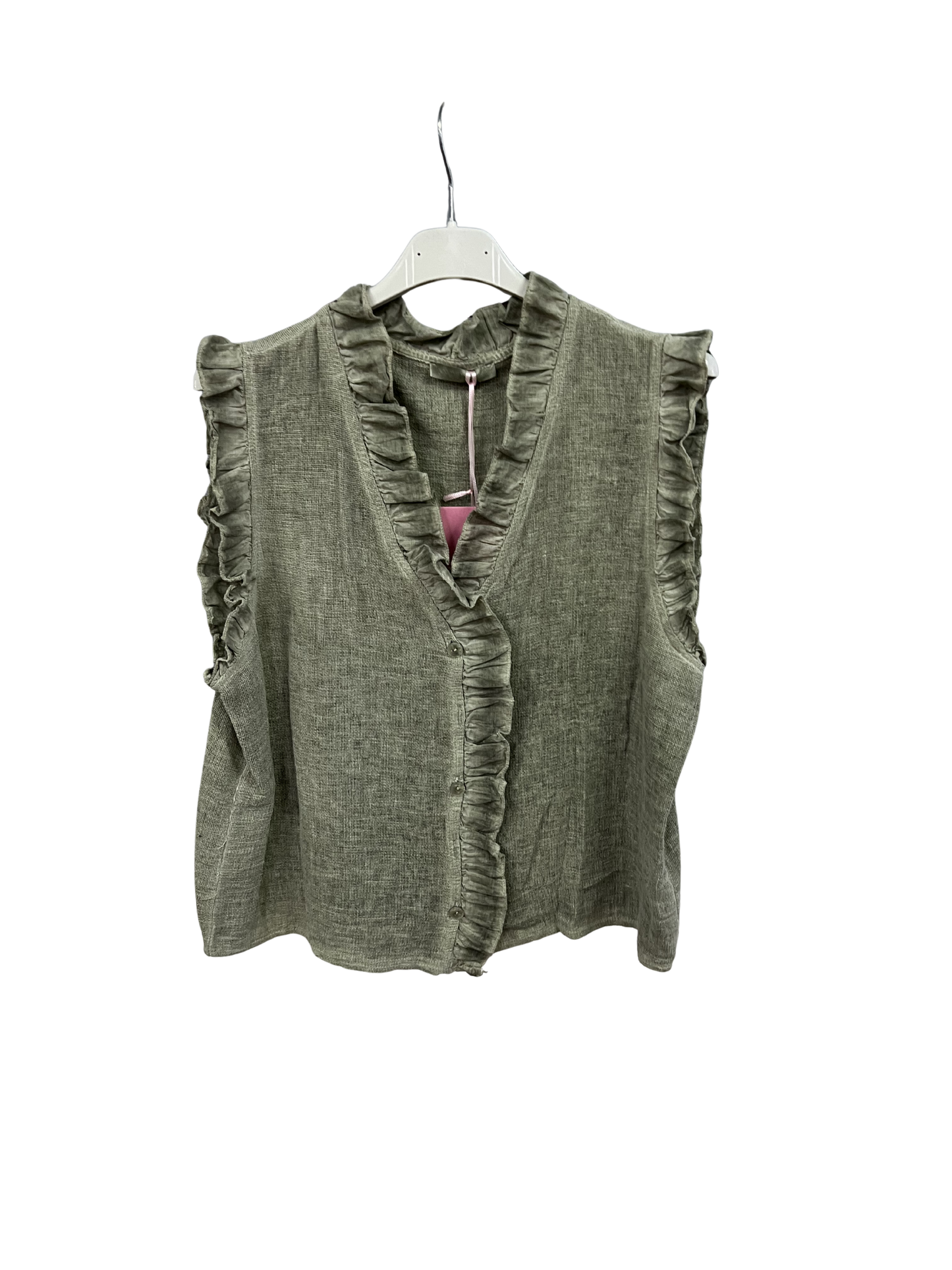 Womens Italian Linen Mix Textured Sleeveless Button Through Top with Frill Trim