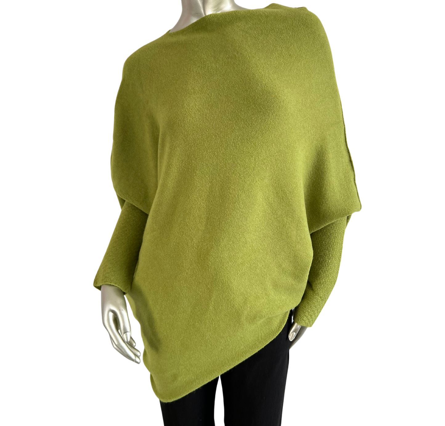 Asymmetric Draped Slouch Neck Soft Jumper with Long Fitted Sleeves in Lime Green