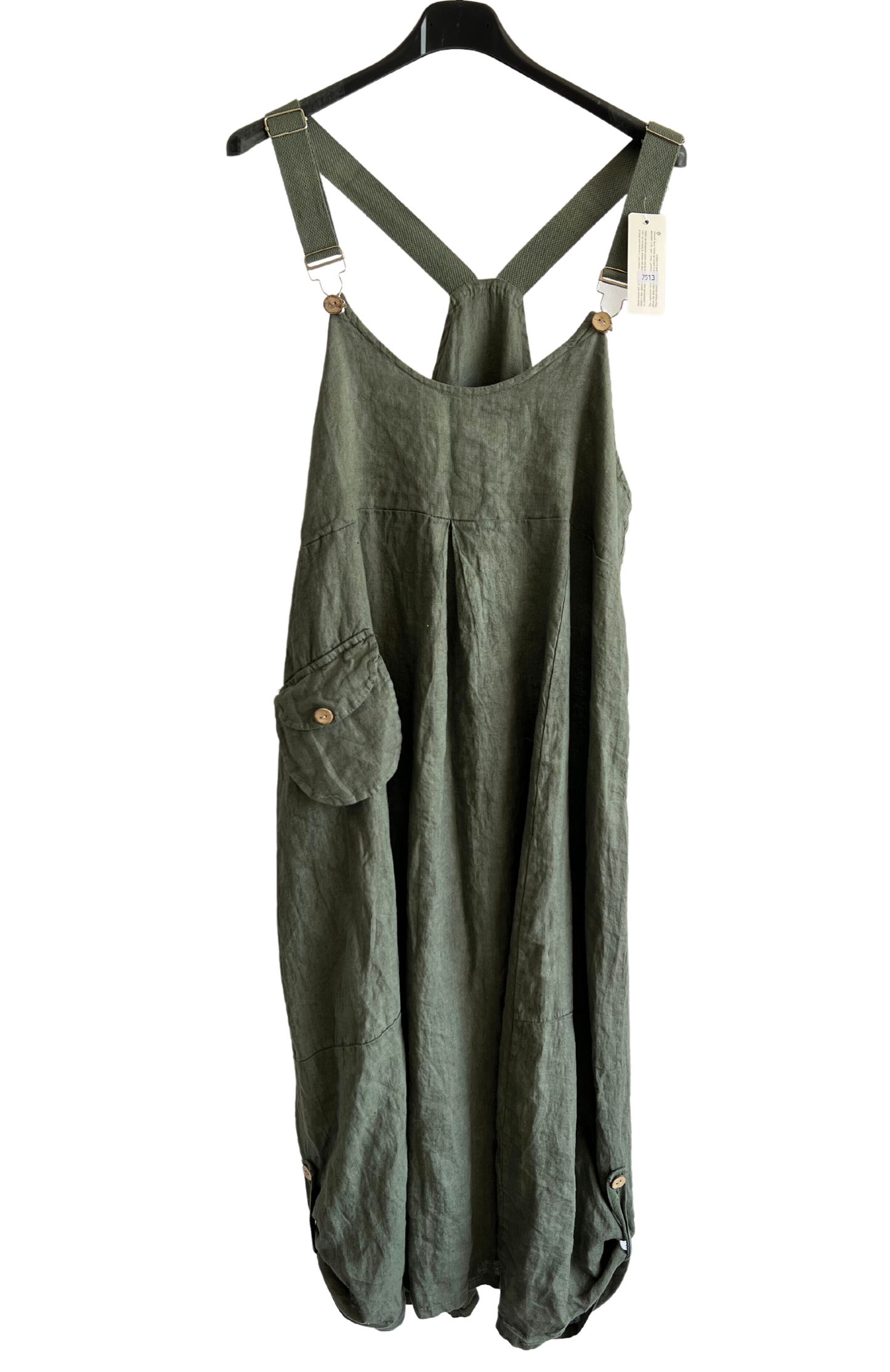 Ladies Casual Italian Summer Linen Dungaree Style Dresses with Button Detailed Hem