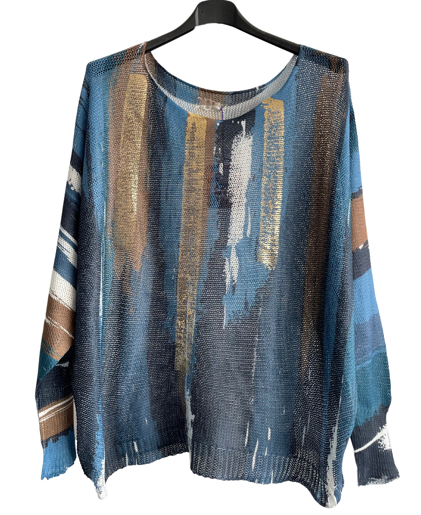 Foil Paint Splash Design Fine Knit Batwing Autumn Jumper in Denim