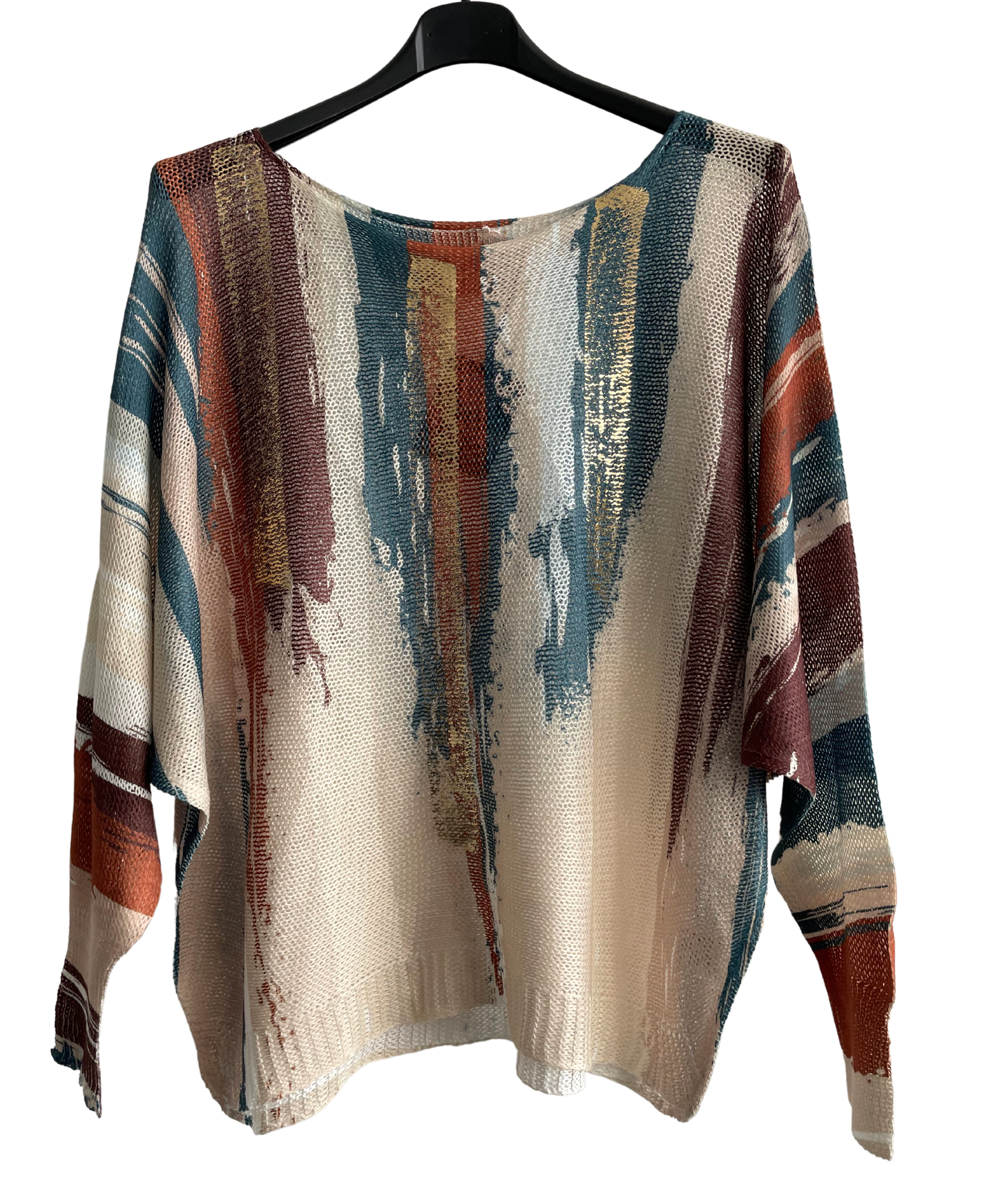 Foil Paint Splash Design Fine Knit Batwing Autumn Jumper in Cream