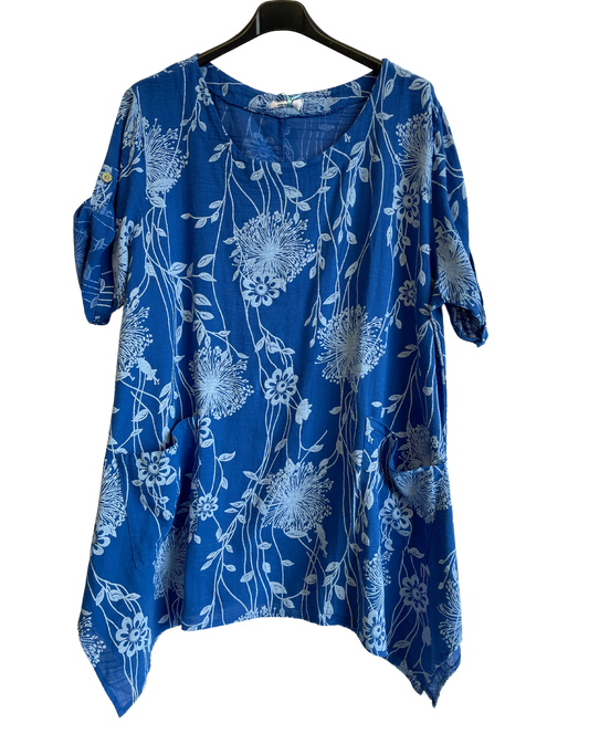 Lightweight Oversized 2 Pocket Floral Cotton & Linen Top in Royal Blue