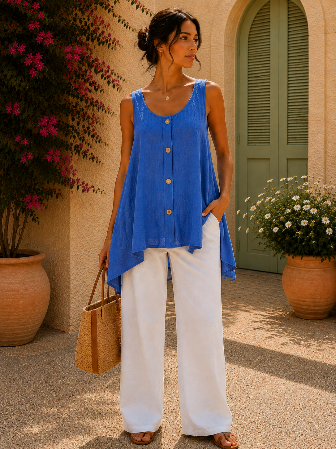 Women’s Italian Linen Blend Layering A- Line Sleeveless Vest Top With Buttons