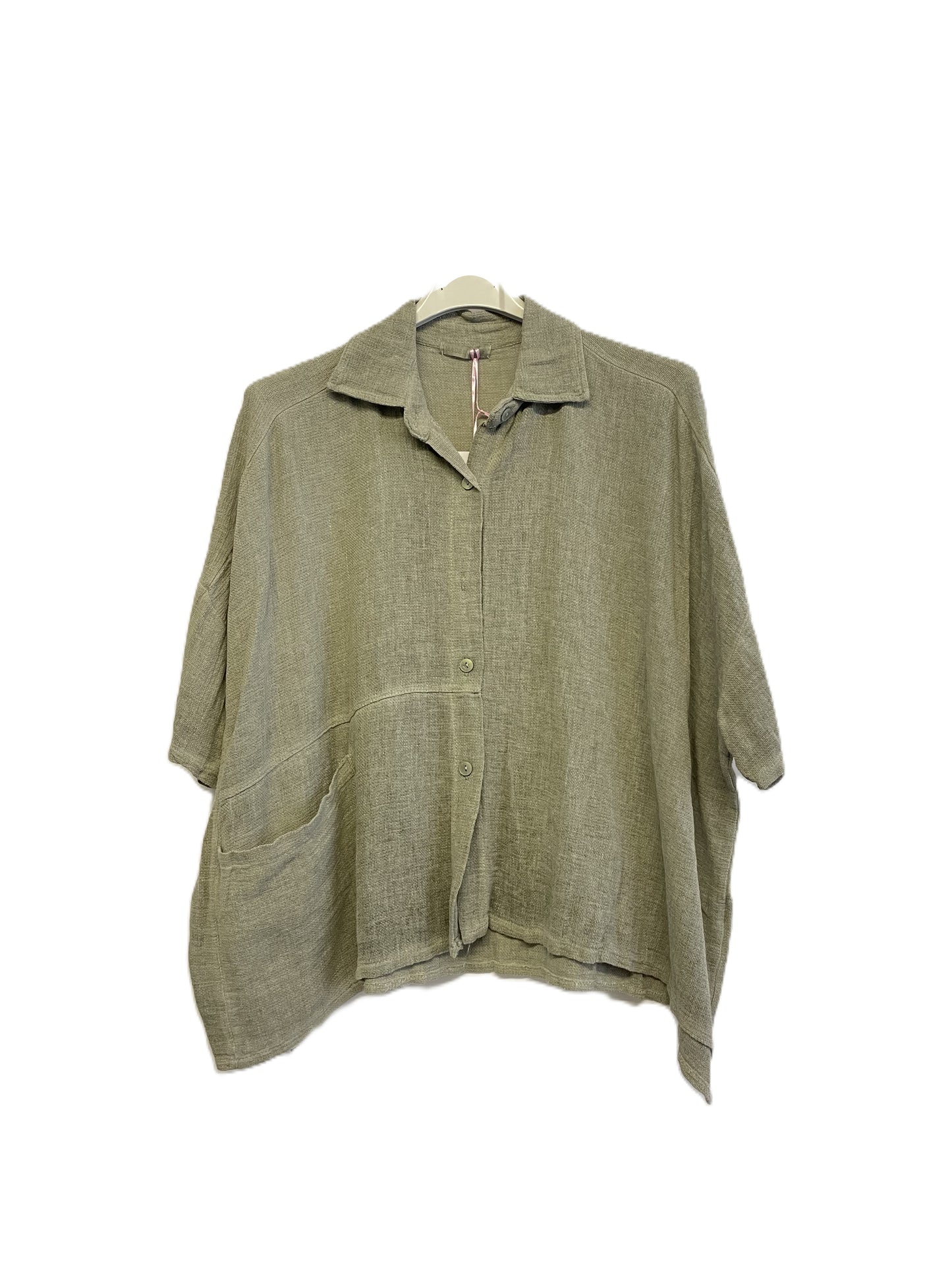 Brand New Womens Summer Italian Linen Mix Textured Shirt with Pocket and Collar in Khaki