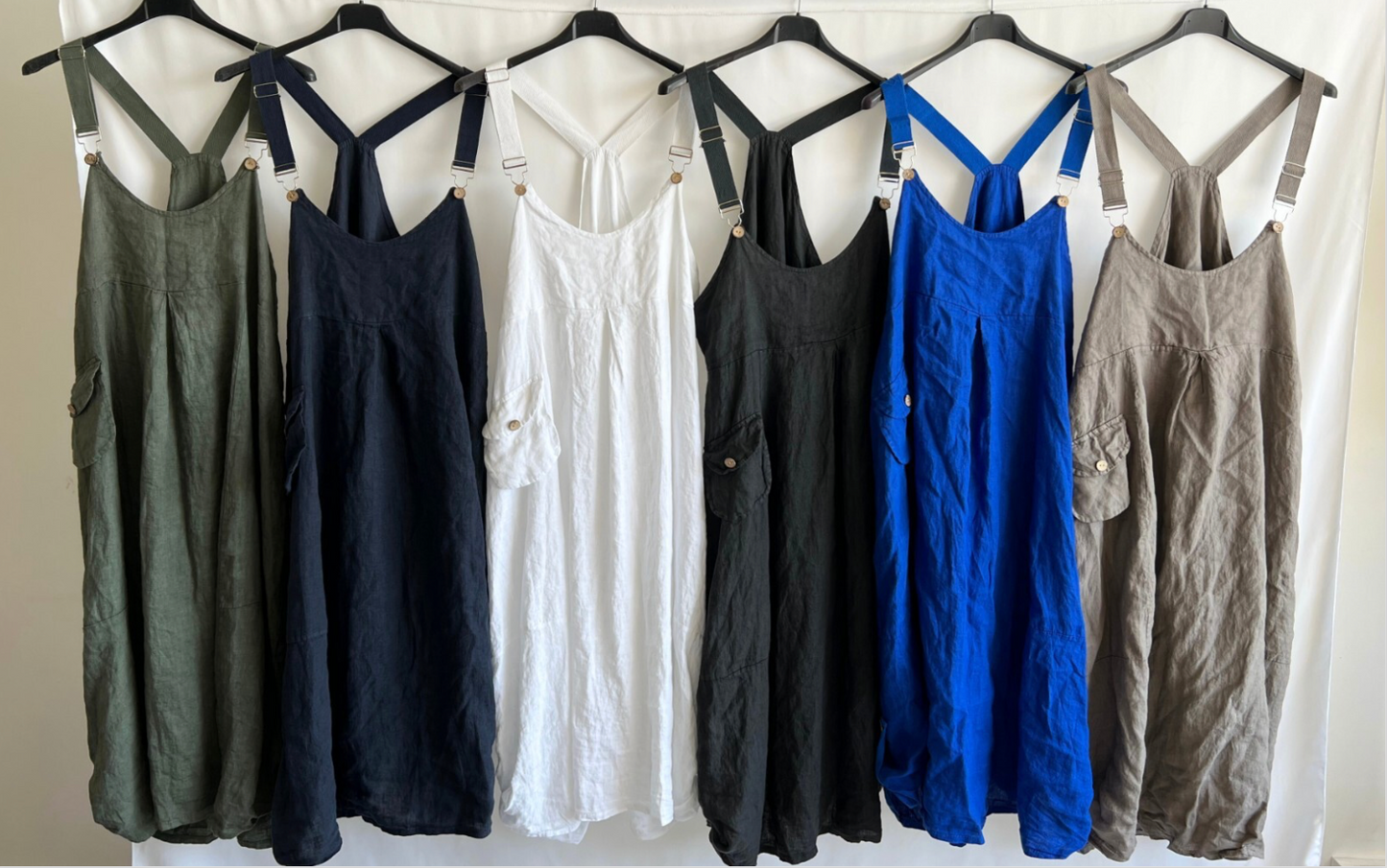 Ladies Casual Italian Summer Linen Dungaree Style Dresses with Button Detailed Hem