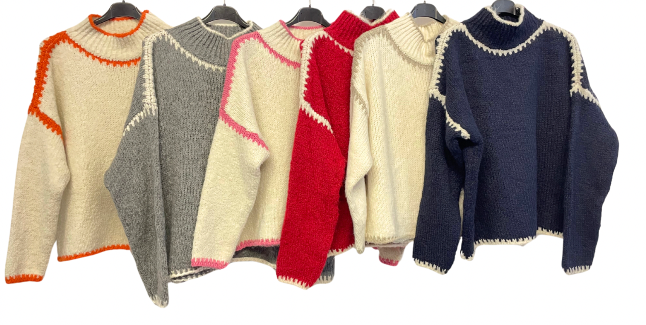 Soft Knitted Italian High Neck Jumper with Blanket Stitch Edging