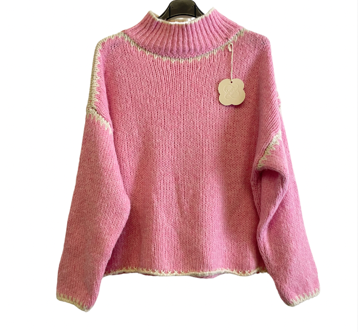 Soft Knitted Italian High Neck Jumper with Blanket Stitch Edging