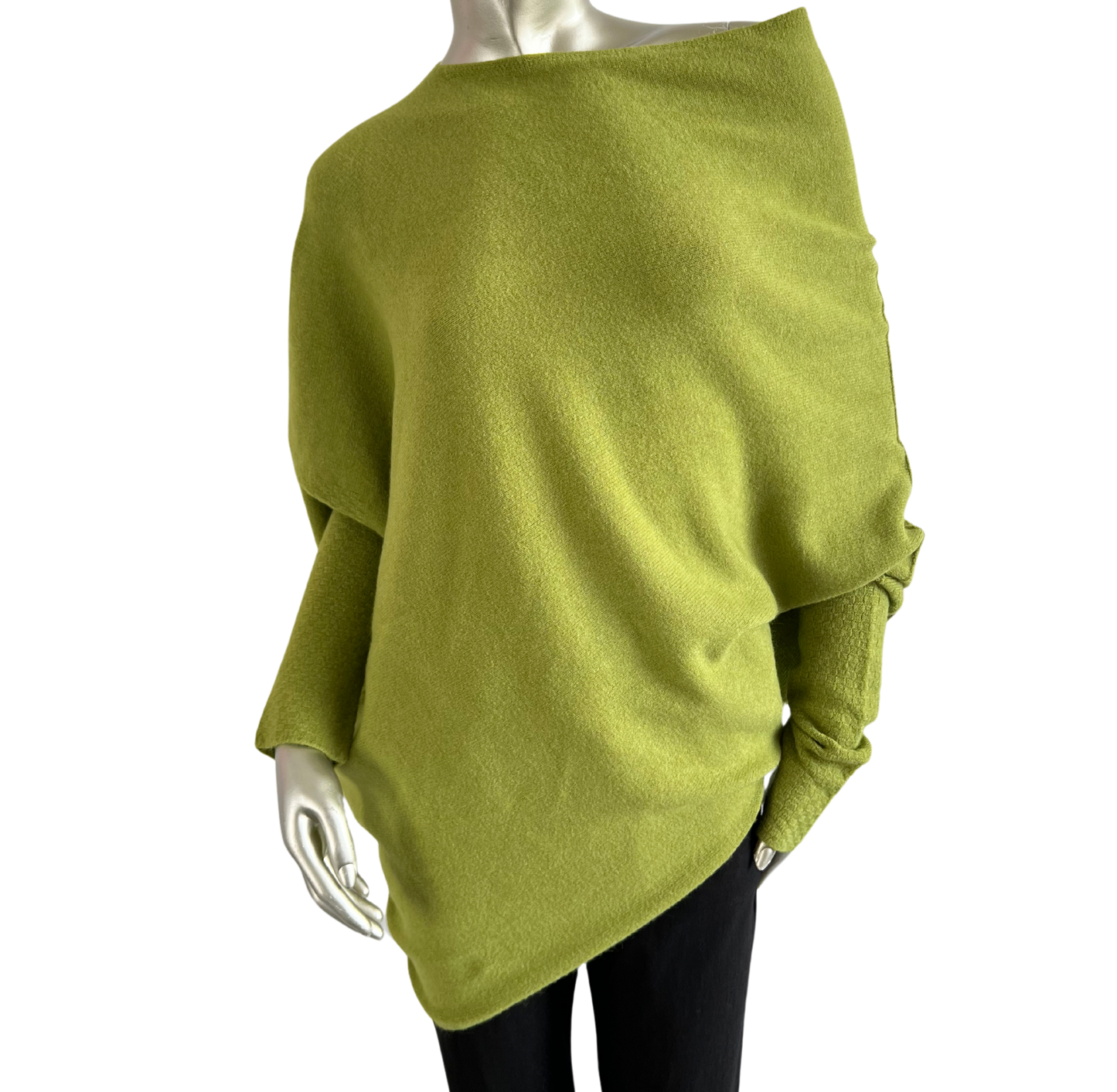 Asymmetric Draped Slouch Neck Soft Jumper with Long Fitted Sleeves in Lime Green