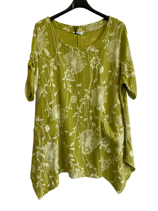 Lightweight Oversized 2 Pocket Floral Cotton & Linen Top in Lime