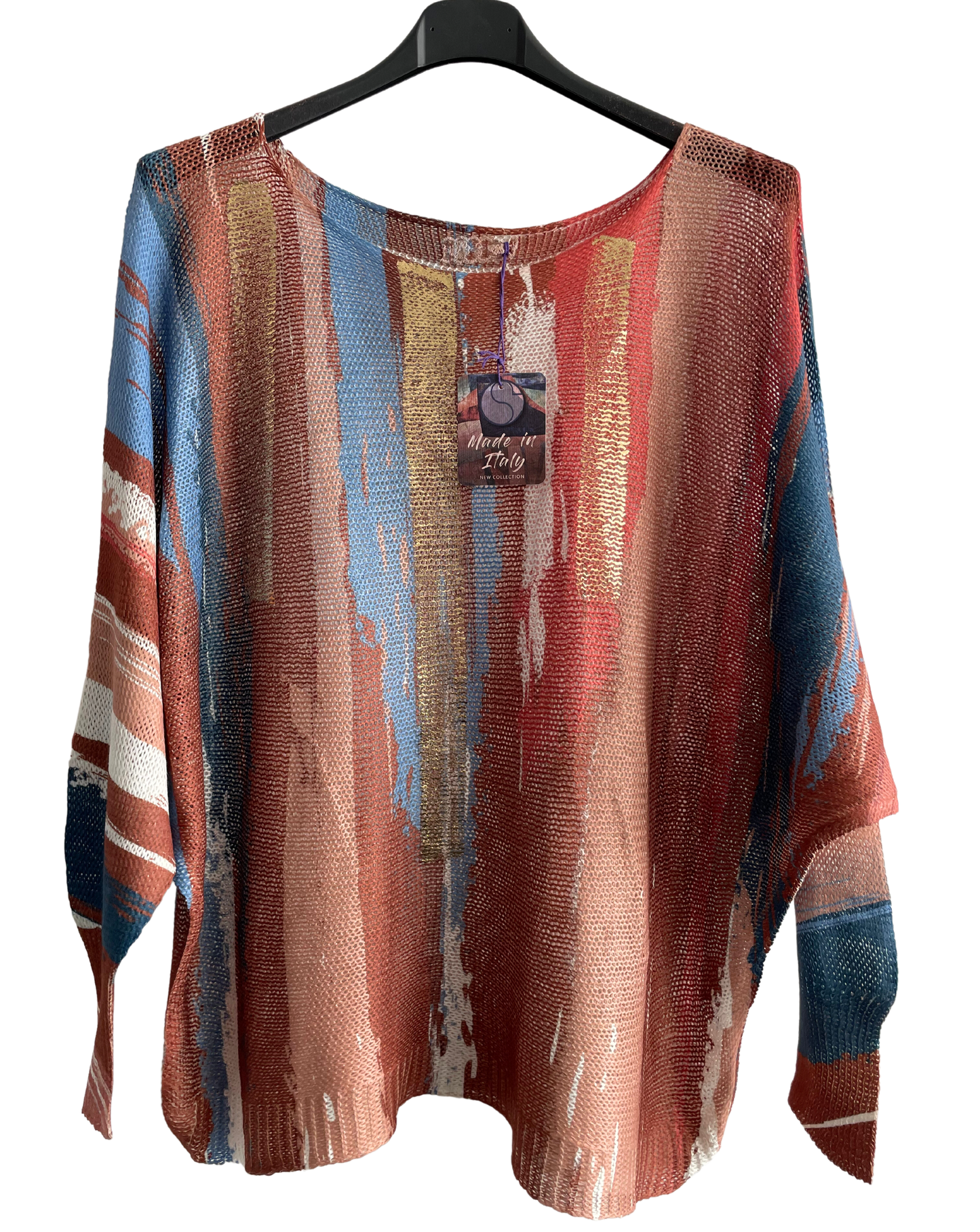 Foil Paint Splash Design Fine Knit Batwing Autumn Jumper in Rust