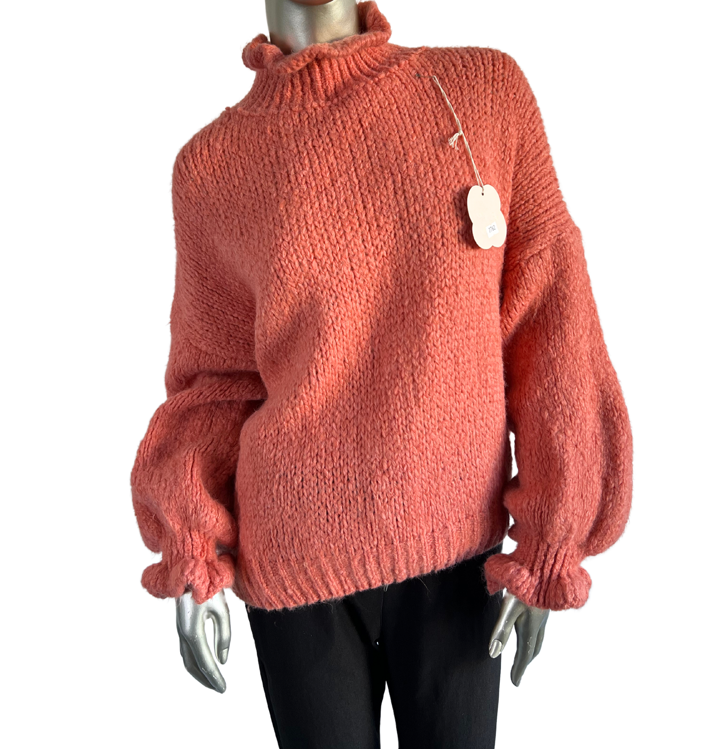 High Neck Frill Ruffled Neck and Hem Chunky Knit Jumper in Salmon Peach