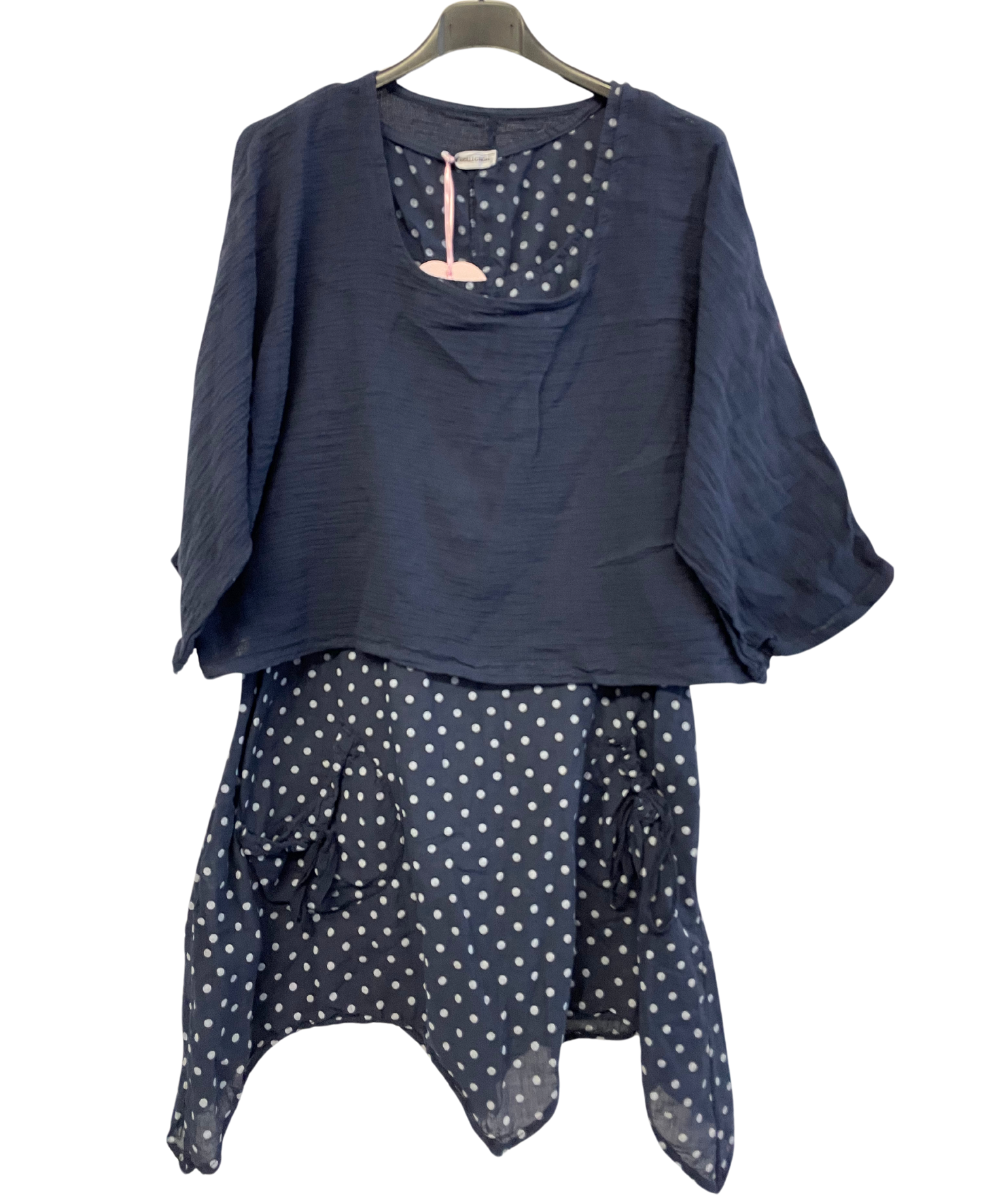 Brand New 2 Piece Spot Dress Womens Lagenlook Asymmetric Hem with Plain Crop Top