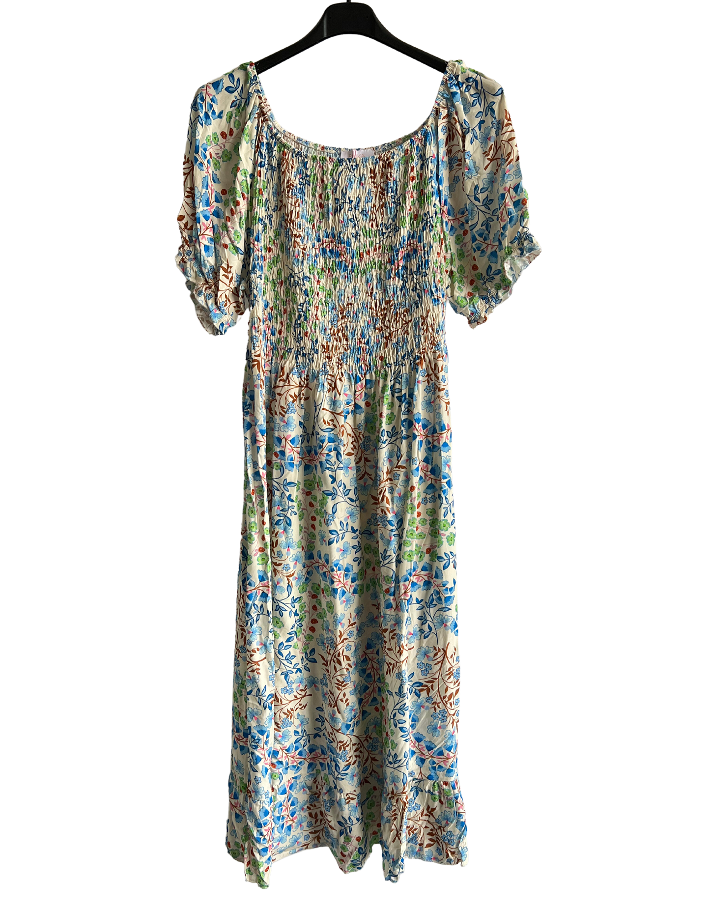 Flower Print Design Long Summer Dress in Blue/Green/Brown