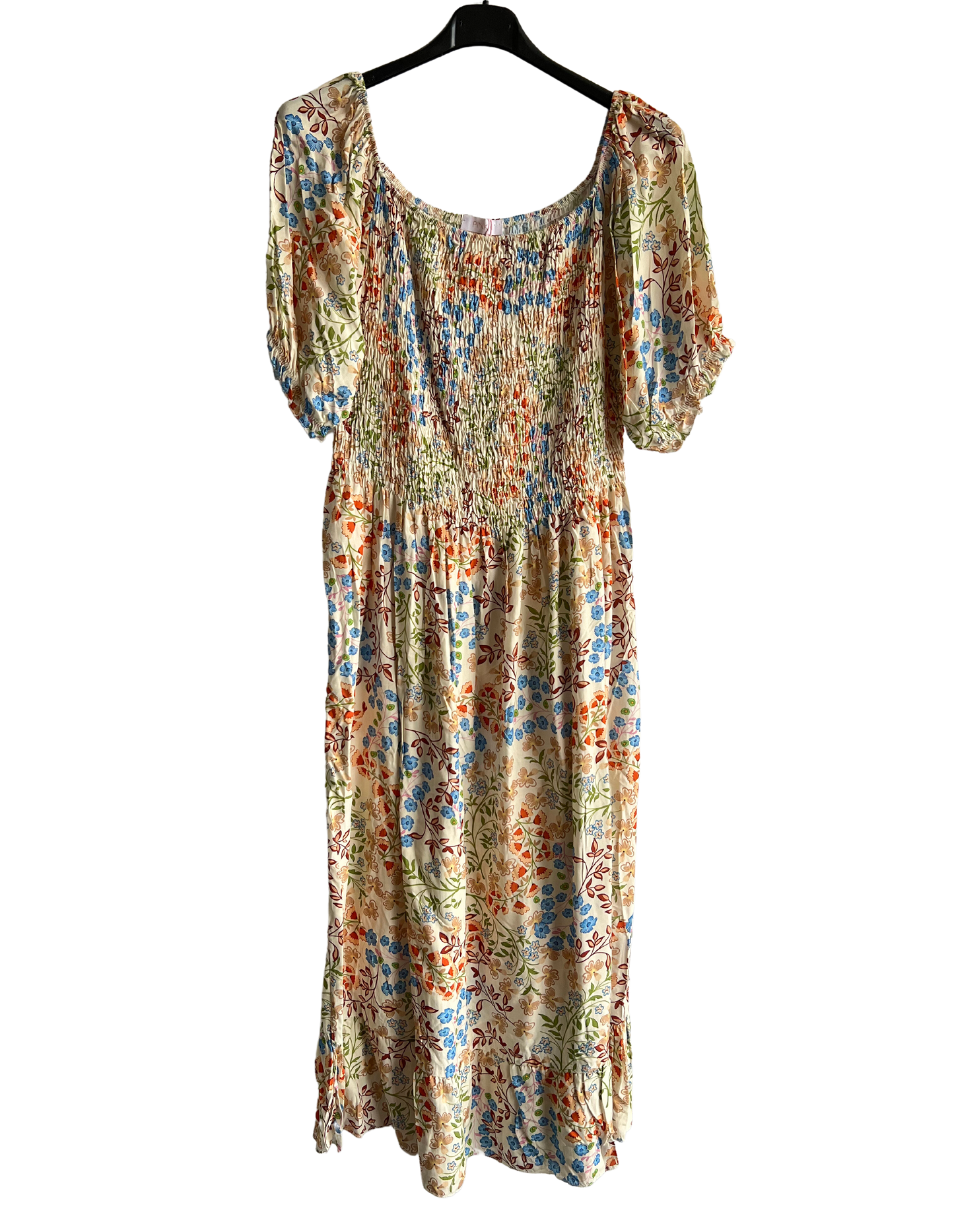 Flower Print Design Long Summer Dress in Blue/Rust/Brown