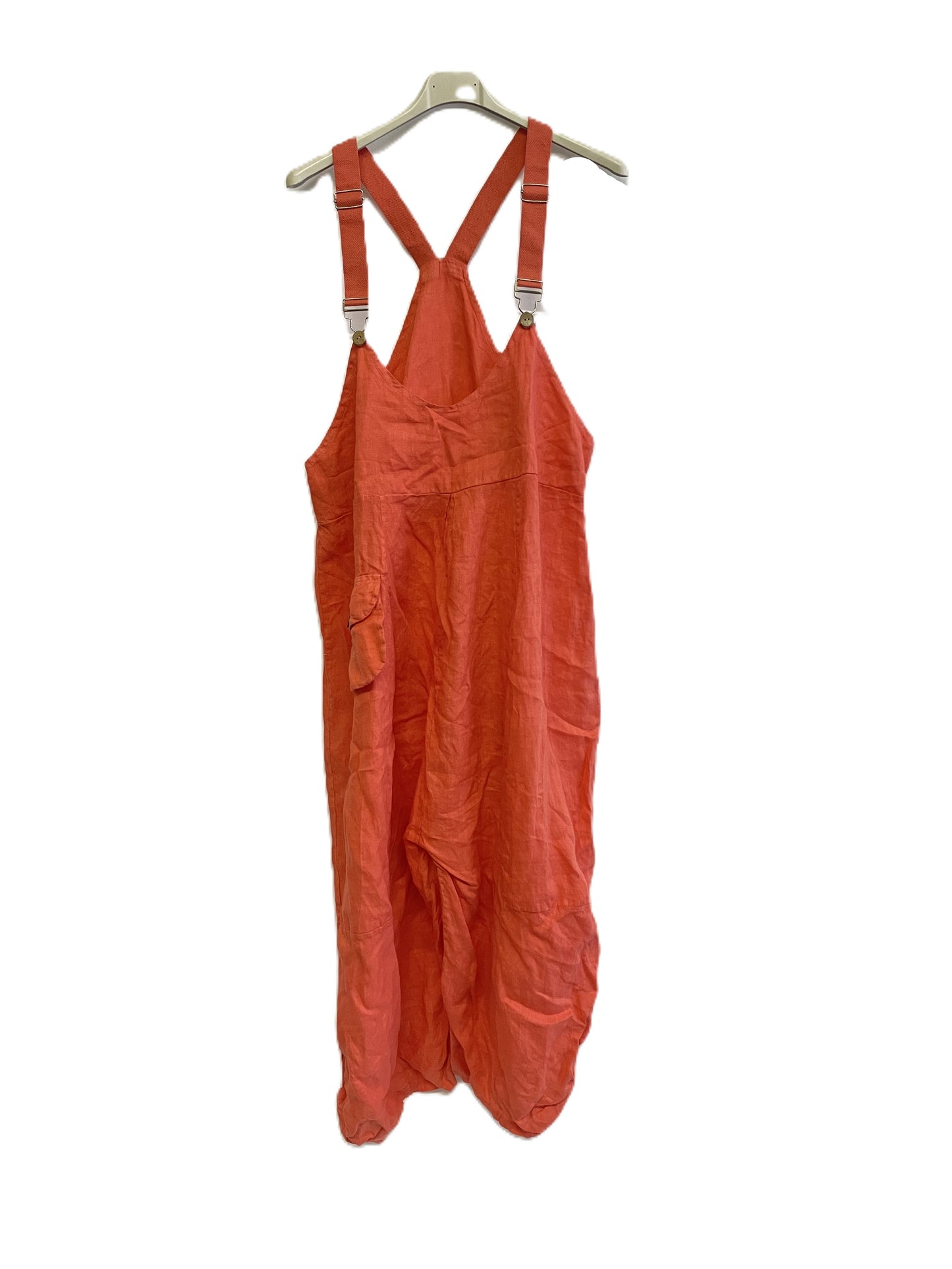Ladies Casual Italian Summer Linen Dungaree Style Dresses with Button Detailed Hem
