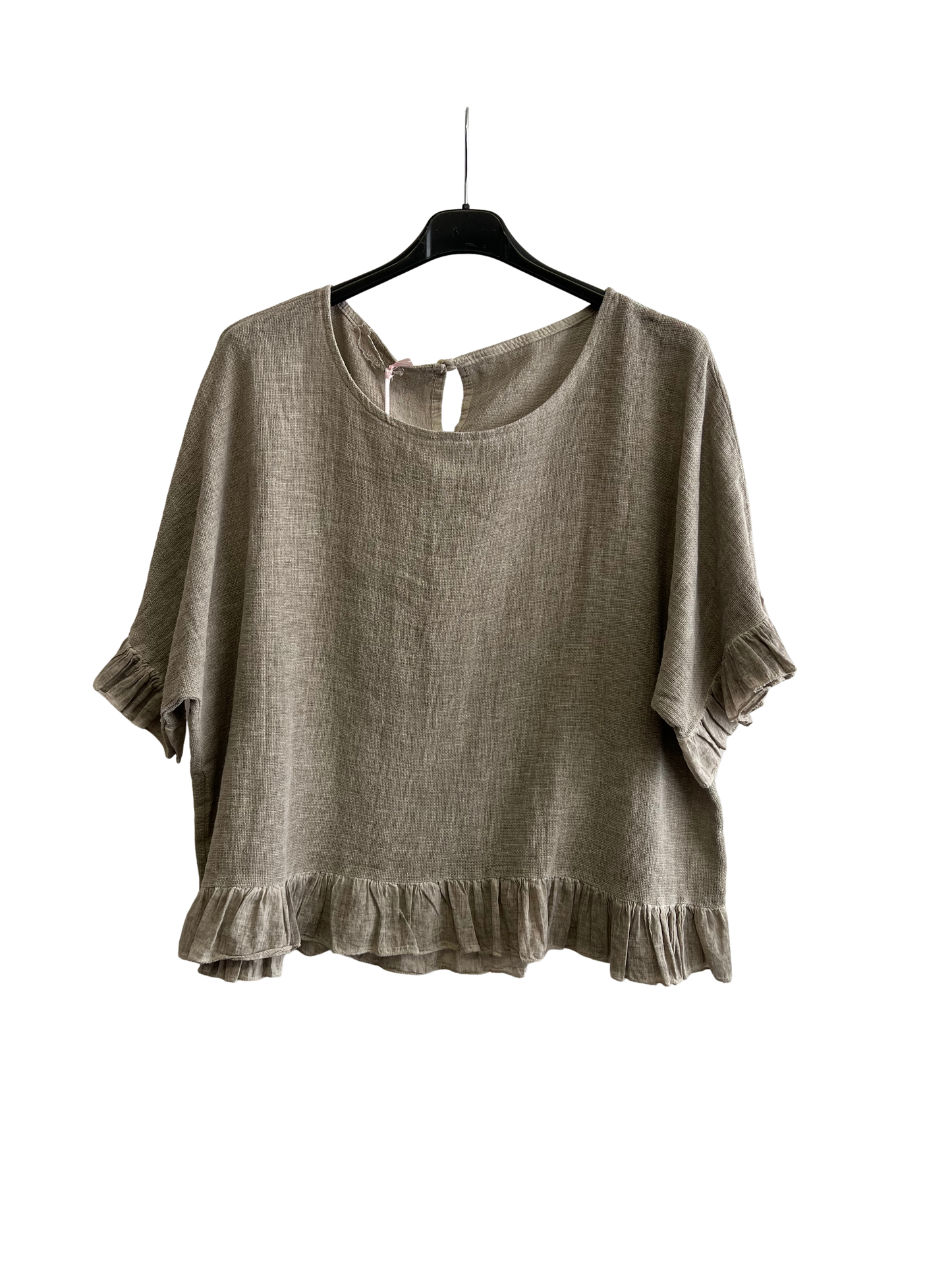 New Ladies Summer 26' Italian Linen Blend Tops with Frilled Trim Sleeves and Hem