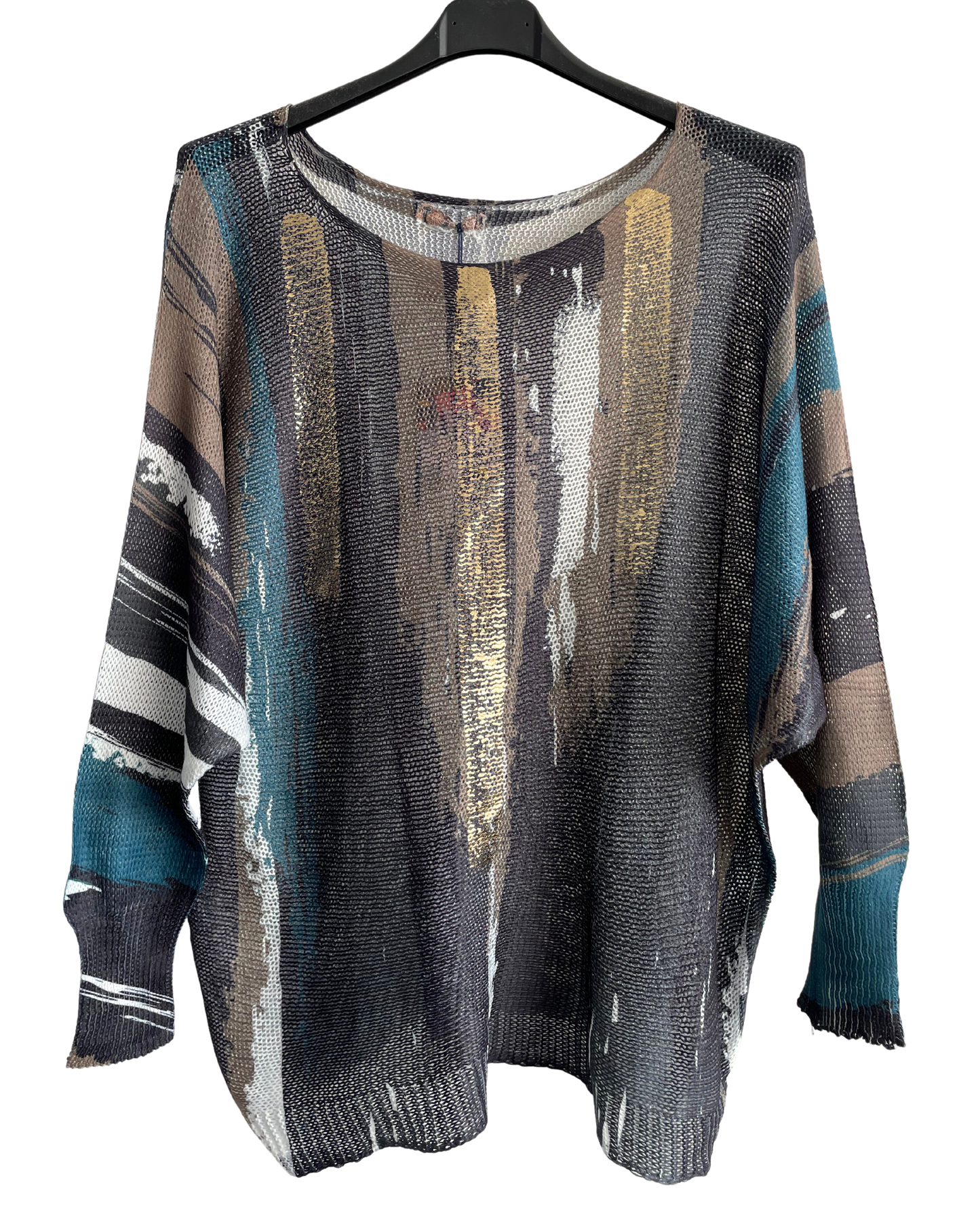 Foil Paint Splash Design Fine Knit Batwing Autumn Jumper in Charcoal