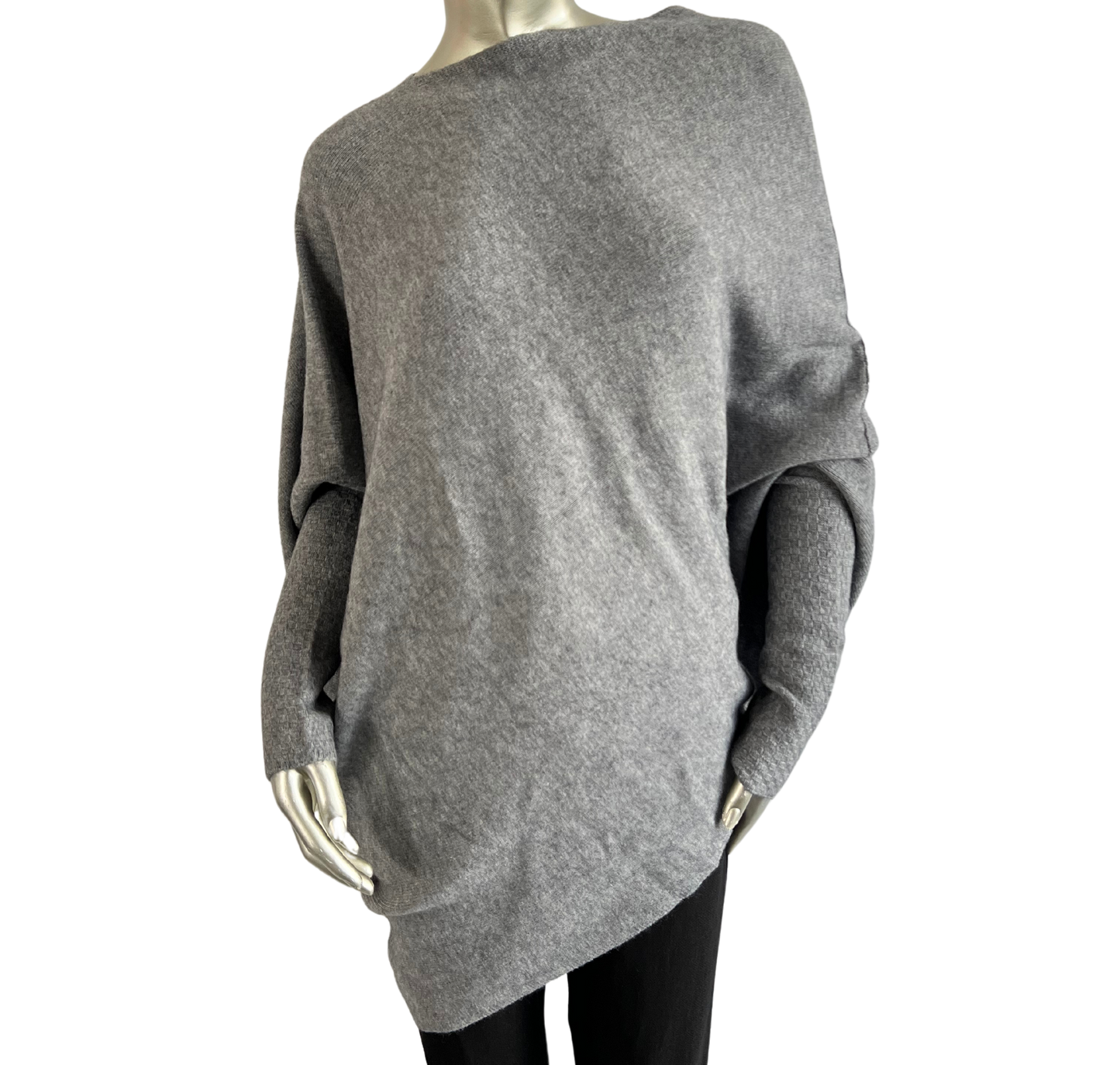 Asymmetric Draped Slouch Neck Soft Jumper with Long Fitted Sleeves in Grey