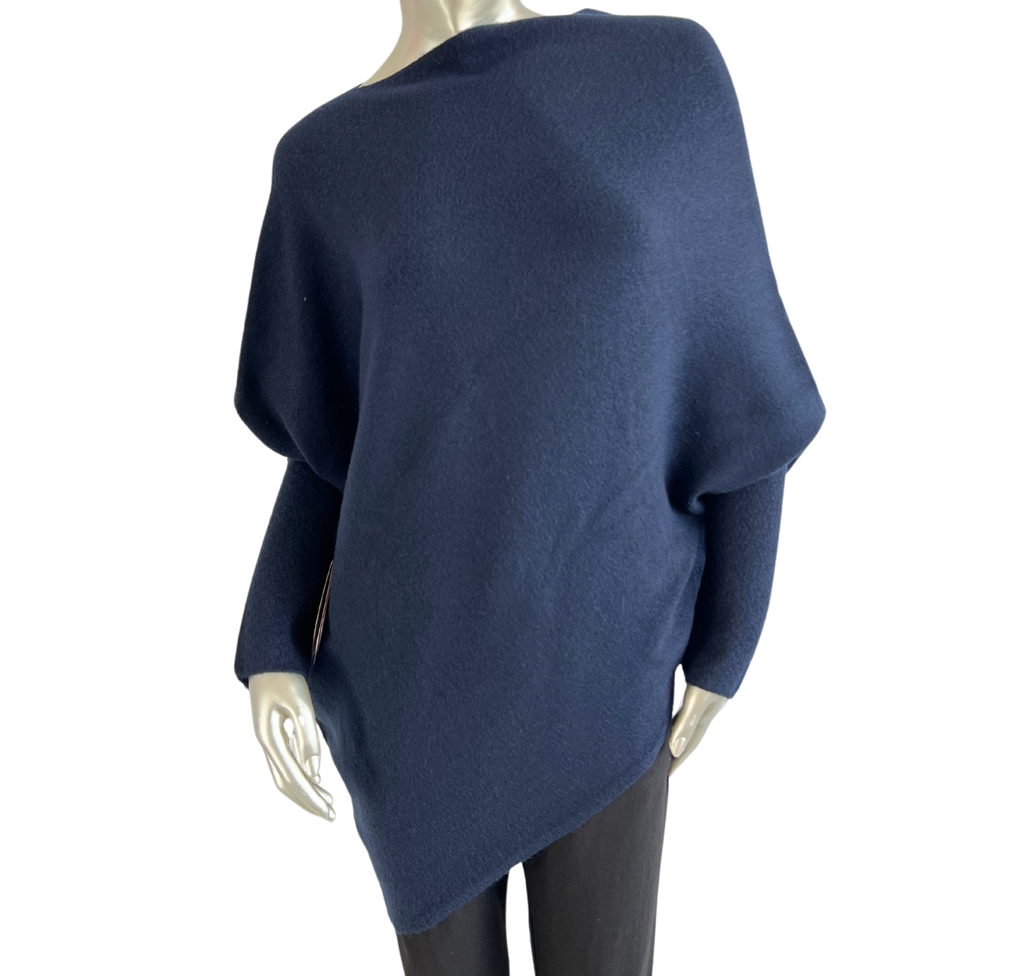 Asymmetric Draped Slouch Neck Soft Jumper with Long Fitted Sleeves in Navy