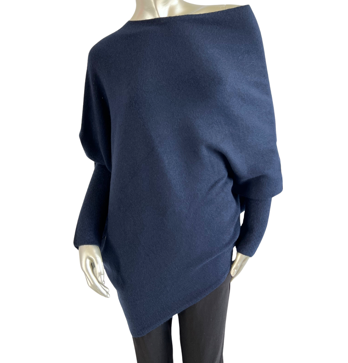 Asymmetric Draped Slouch Neck Soft Jumper with Long Fitted Sleeves in Navy