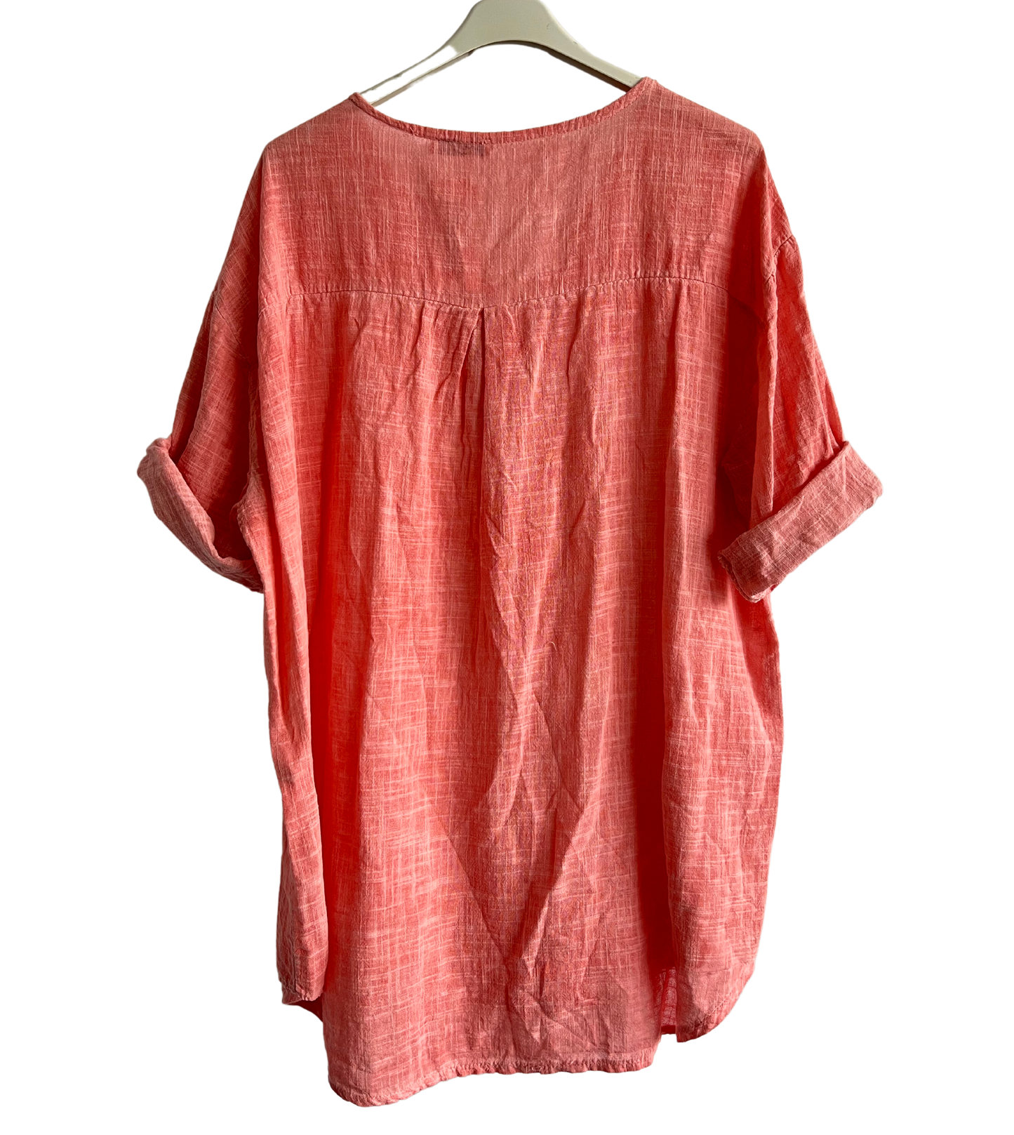 Oversized Cotton & Linen Blend Button Top In Coral