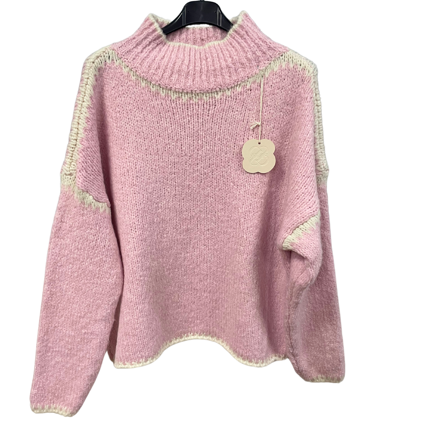 Soft Knitted Italian High Neck Jumper with Blanket Stitch Edging in Pink