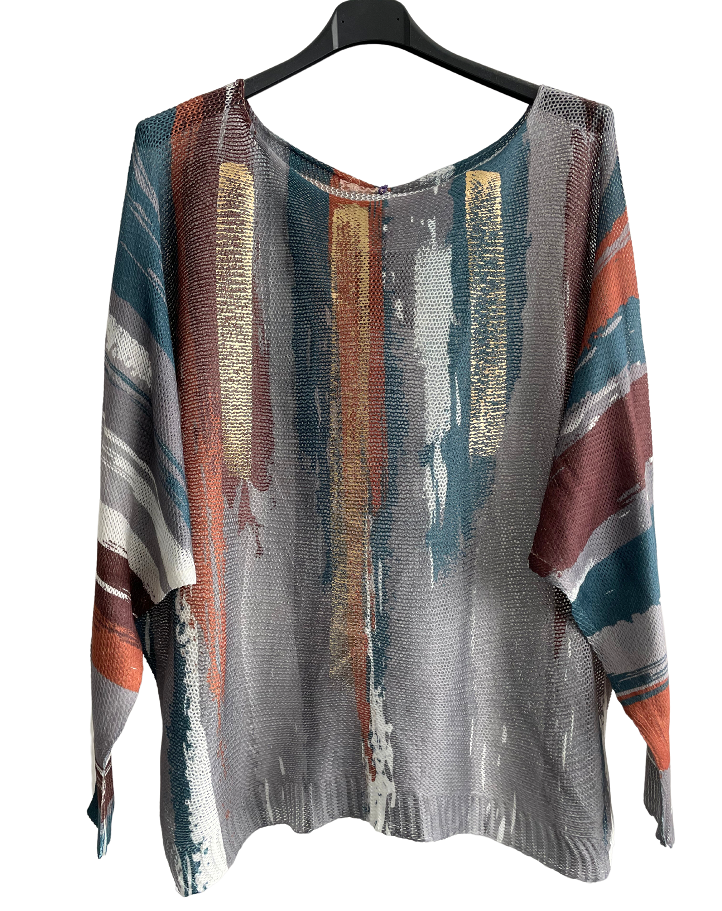 Foil Paint Splash Design Fine Knit Batwing Autumn Jumper in Grey
