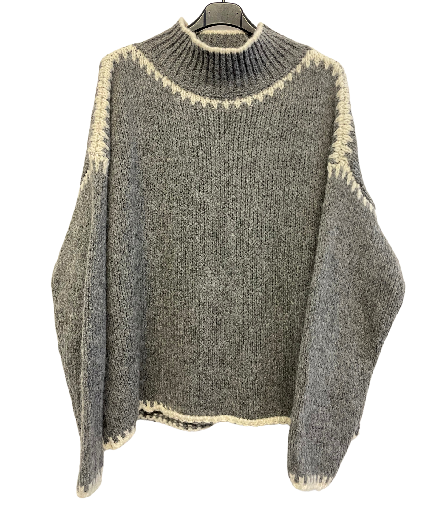 Soft Knitted Italian High Neck Jumper with Blanket Stitch Edging in Mid Grey